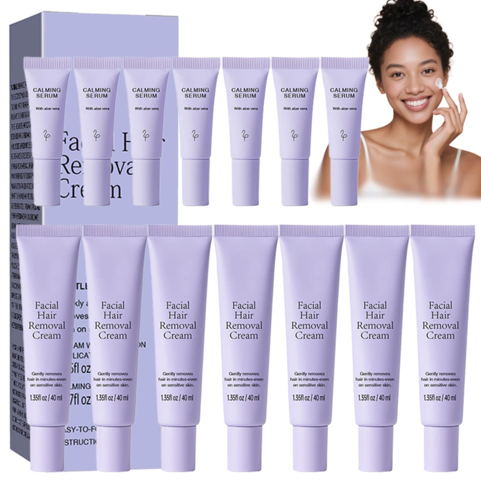 Krem do usuwania owłosienia twarzy, zestaw 40 ml + 5 ml kojące serum, delikatna formuła do skóry wrażliwej, szybkie i bezbolesne usuwanie włosów do górnych warg, brody, baków, wszystkich rodzajów