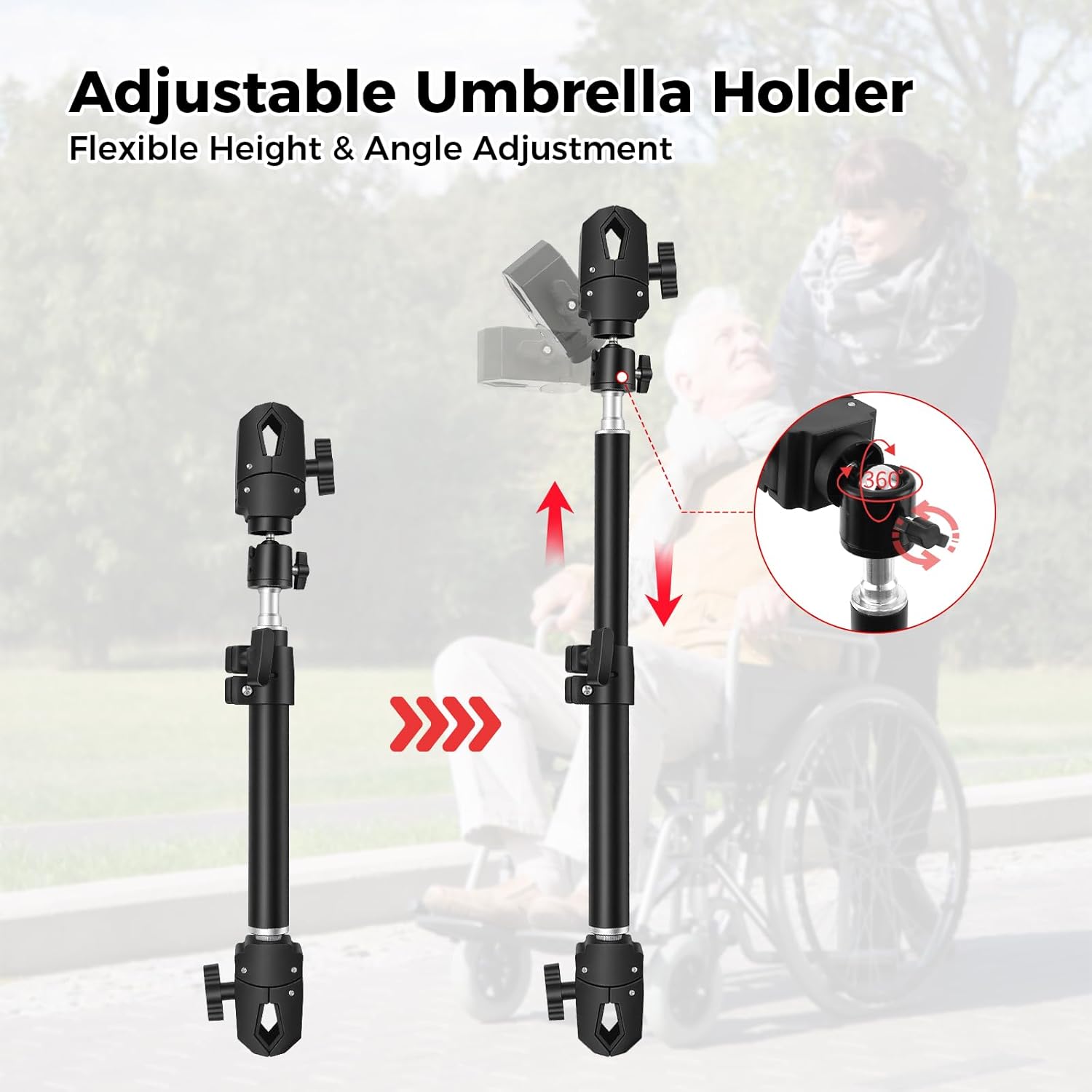 Wheelchair Umbrella Mount Holder, Umbrella Clamp for Wheelchairs, Adjustable Height & Angle, Easy Tool-Free Installation, Outdoor Sun & Rain Protection for Wheelchairs, Strollers（Only Mount）