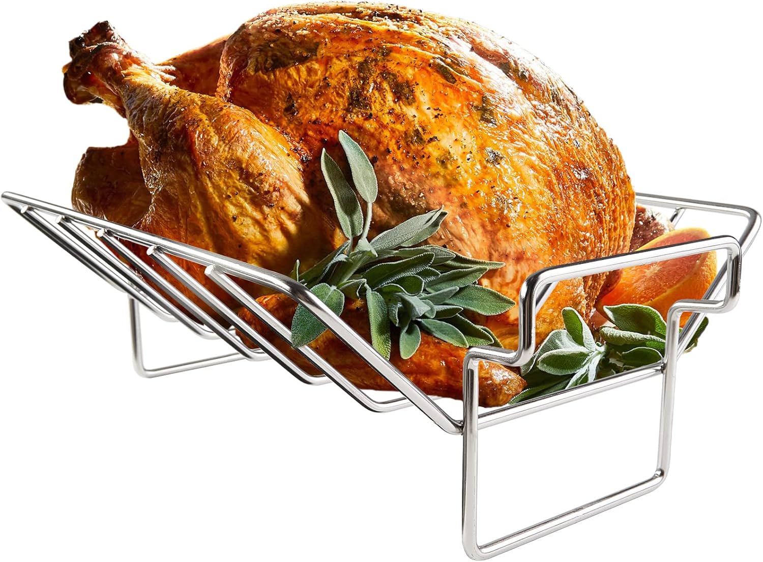 Rib and Roast Rack for Big Green Egg, Turkey Roasting Rack for Grilling and Smoking - Stainless Steel Pan for Cooking Rib, Chicken, Bird. L/XL BGE Accessories, Also for Other 18" or Larger Grills