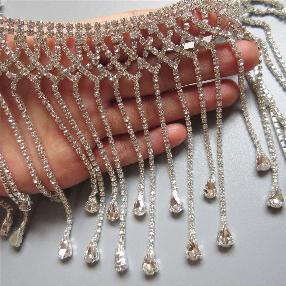 1 Meter Long Rhinestone Ribbon Tassel Chain Rhinestone Fringe Trim Diamond Crystal Tassel Fringe Trim Sewing for Bridal Wedding Clothing Accessories Decoration (Silver 11.5cm Wide)