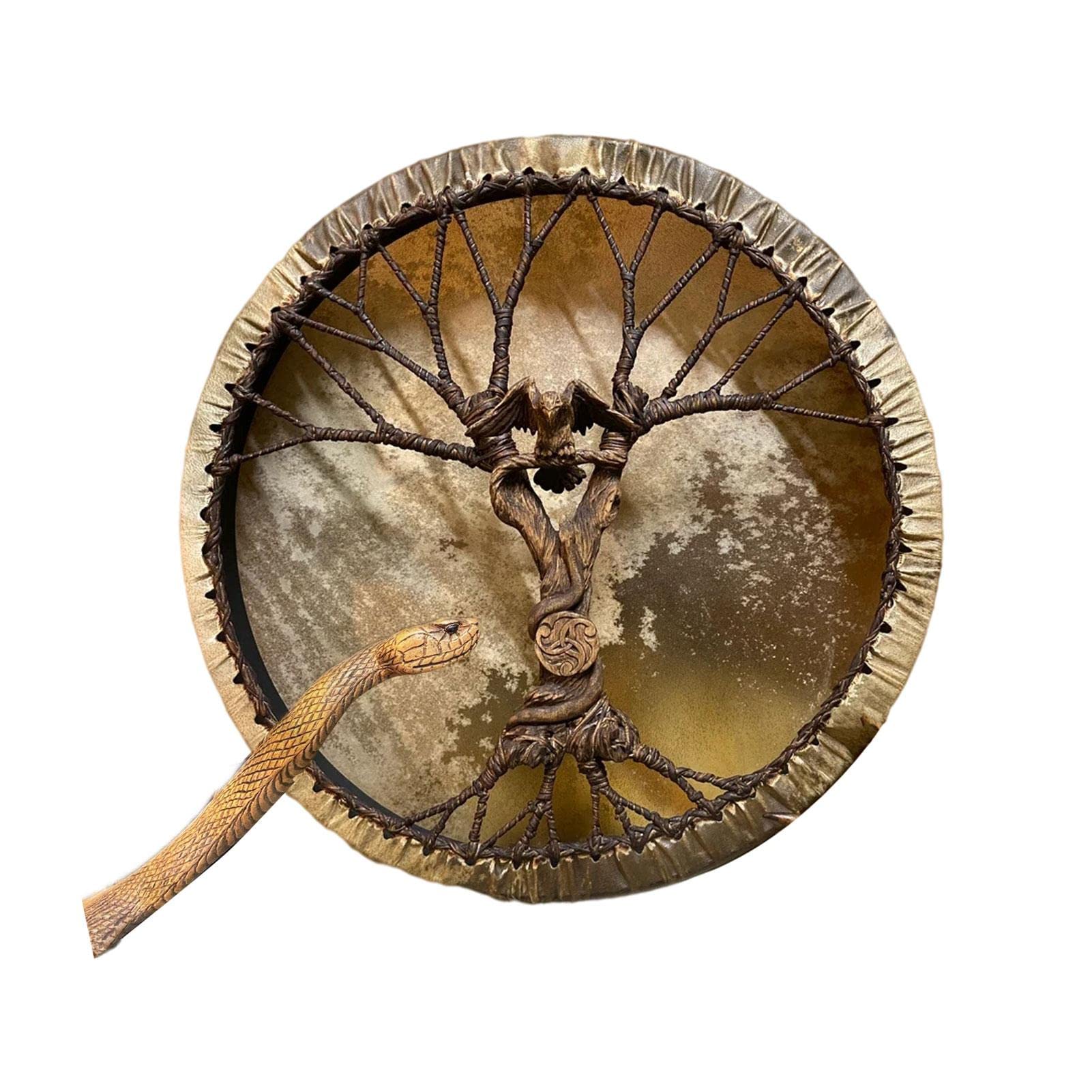 Tambor Chamán Árbol de la Vida Siberiano - Hecho a Mano Con Baqueta, Marco de Madera y Diseño de Decoración Para Música Espiritual