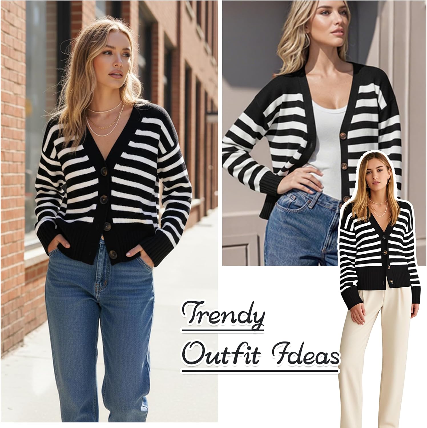 Women's Striped Cardigan Sweaters V Neck Open Front Sweaters Lightweight Long Sleeve Button Tops Ribbed Knit Outerwear - Image 6