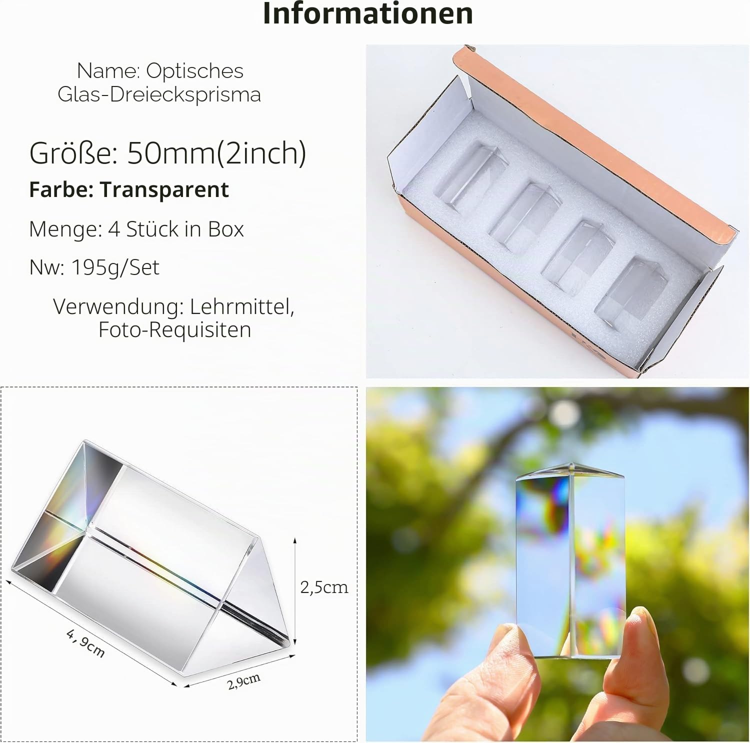 4 Stück 50 mm klares K9-Kristall-Dreiecksprisma für Foto, Regenbogenlichter, Kristall-optische Prismen, Glas, Physik, Unterricht, gebrochenes Lichtspektrum, Studenten, Geschenk