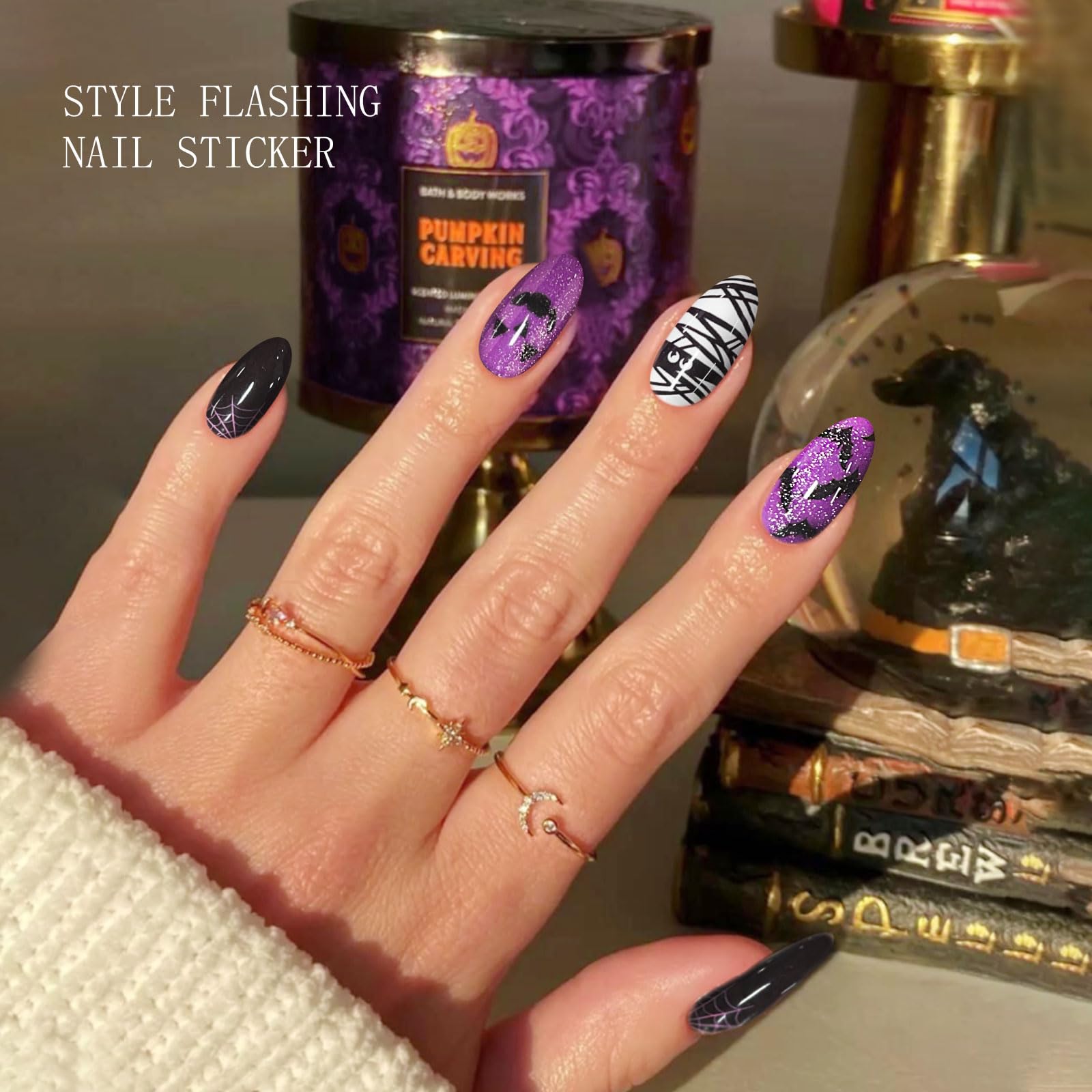 JMEOWIO Gel Nail Stickers Halloween Cat Eye Semi Cured Gel Nail Strips Wraps UV/LED Nails Art Design Decoration Accessories - Image 3