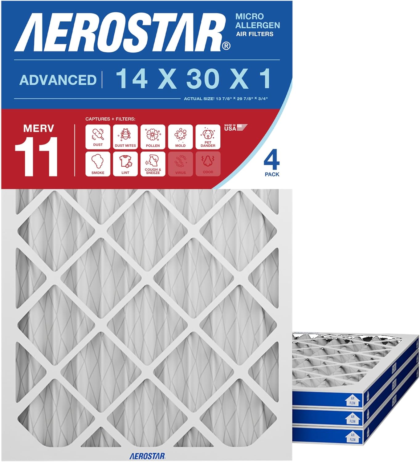 Aerostar 21 1/2x23 5/16x1 MERV 11 Pleated Air Filter, AC Furnace Air Filter, 4 Pack (Actual Size: 21 1/2" x 23 5/16" x 3/4")