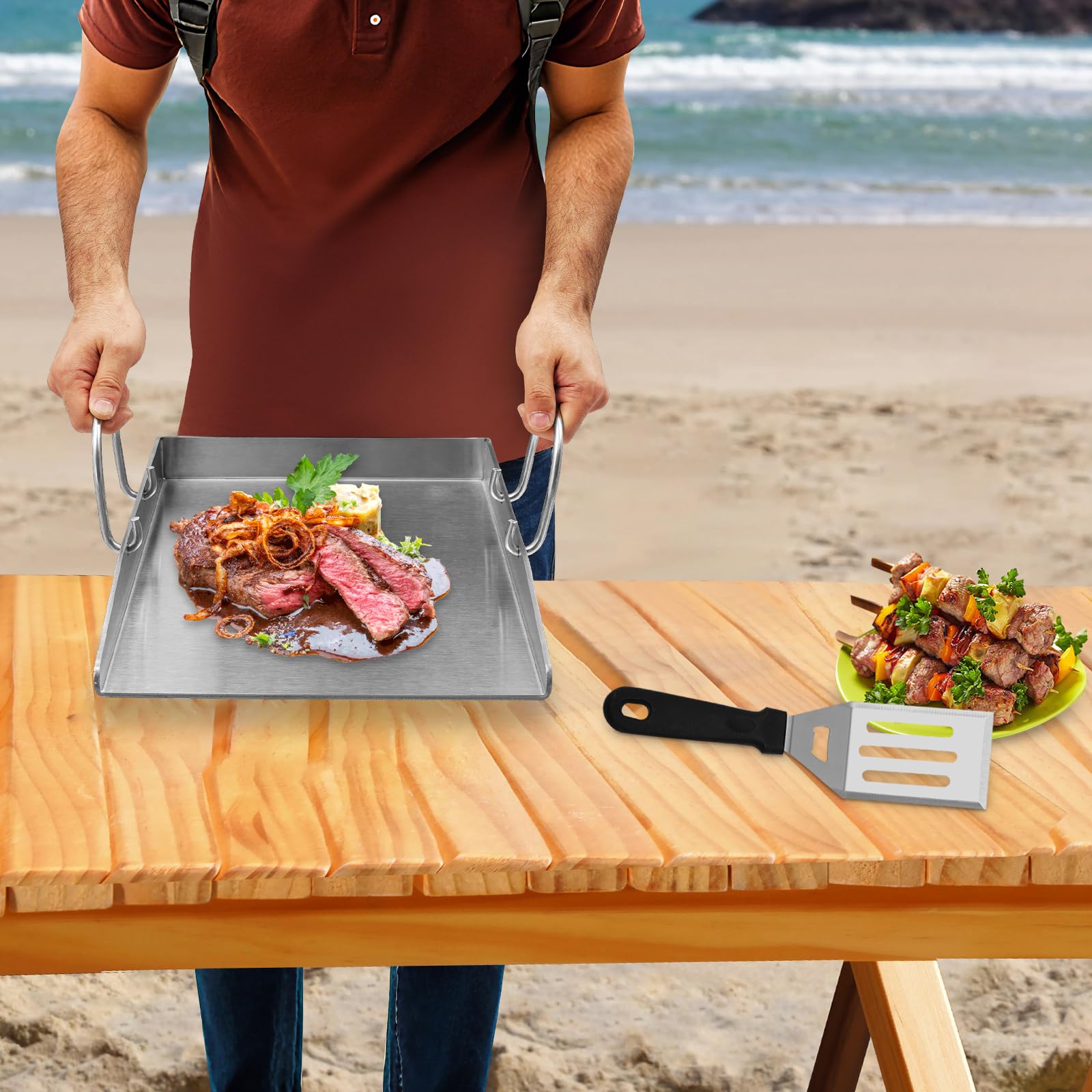 Plancha, piastra per barbecue in acciaio inox, resistente al calore a 338 °C, 40 x 30 cm, con 2 spatole e manici rimovibili, per esterni e campeggio