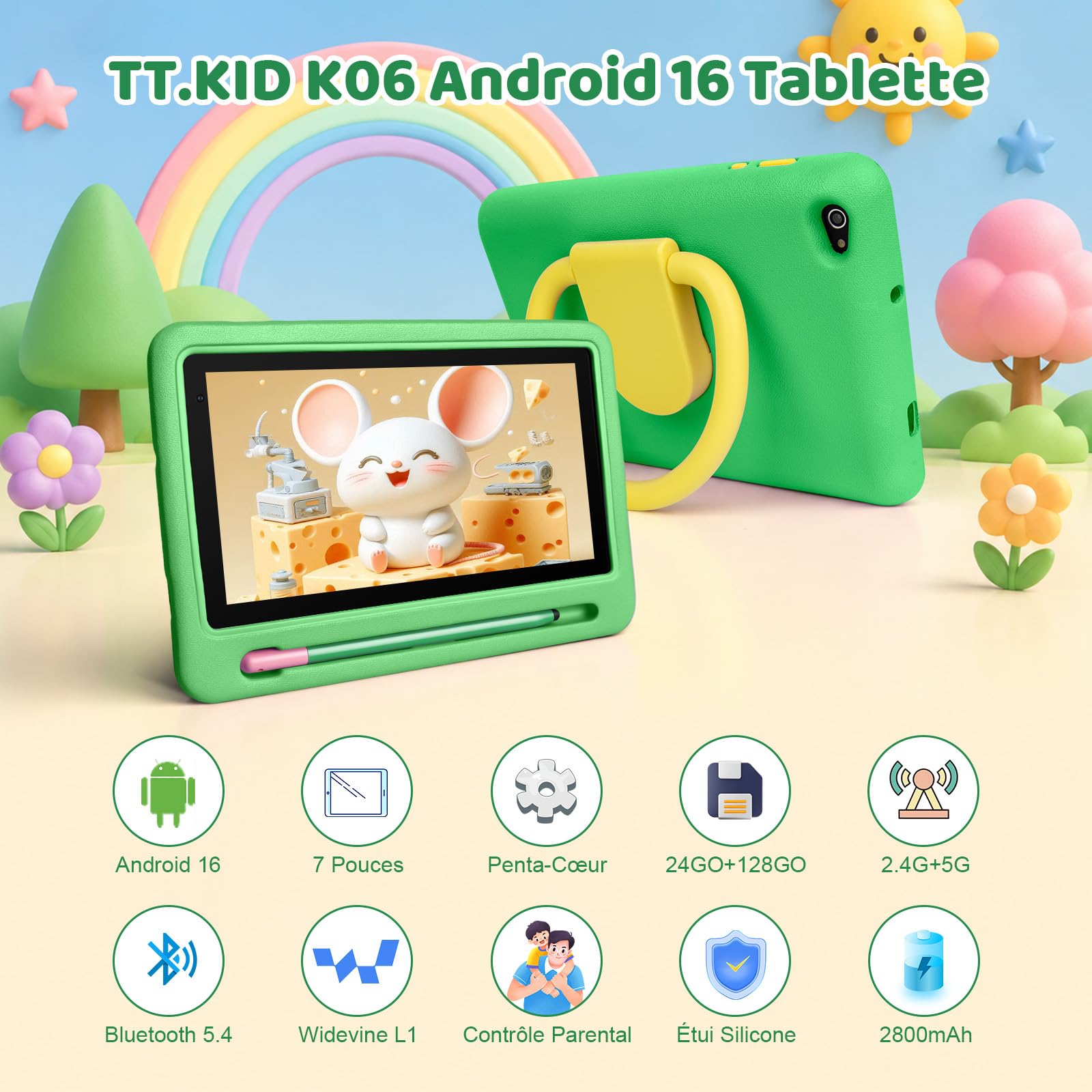 Android 16 Tablette Enfants 7 Pouces, 24Go RAM 128Go ROM (TF 1To), 5G WiFi Tablette Tactile, Double Caméra HD, Widevine L1/Contrôle Parental/BT 5.4 Tablettes avec étui EVA, Vert