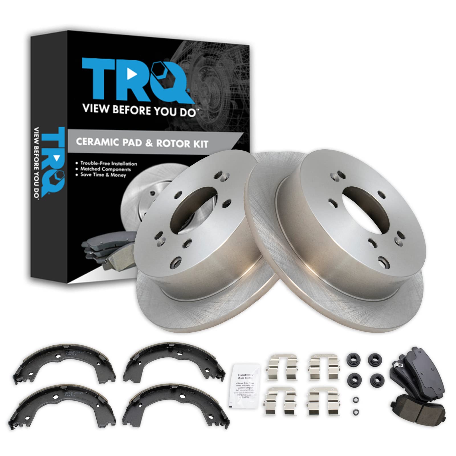 TRQ Rear Brake Pad and Rotor Set Ceramic Parking Brake Shoe Compatible with 2016 Kia Sportage