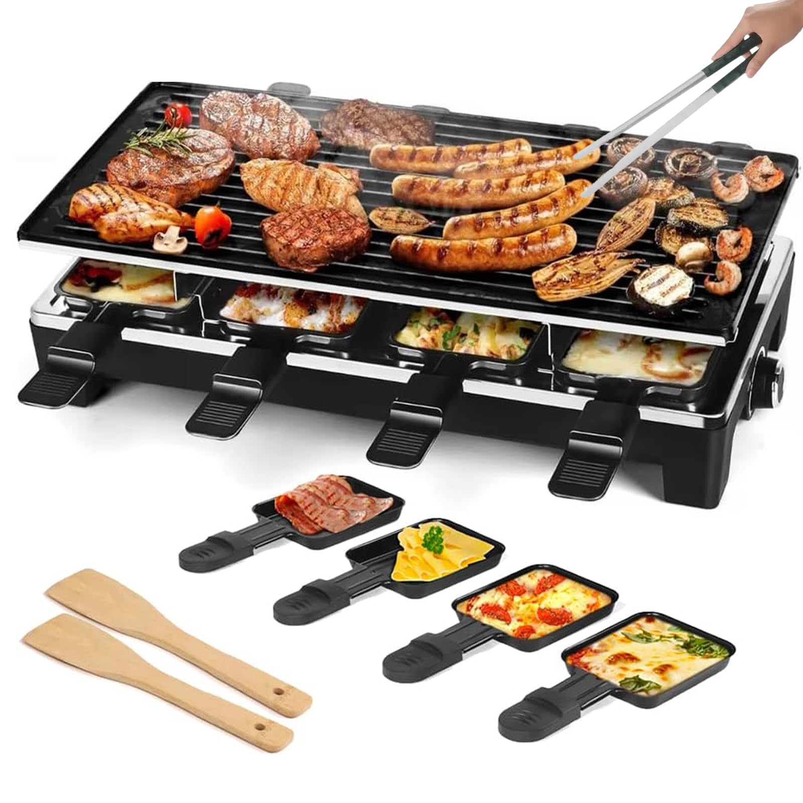 TYH Grill Électrique 1500 W, Appareil À Raclette pour 8 Personnes, Plaque De Cuisson Électrique Antiadhésive, Température Réglable, sans Fumée, avec 2 Spatules en Bois, pour Barbecue Familial