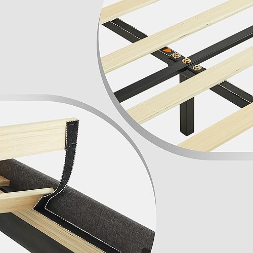 Miniatura 6 de Base de cama tamaño Queen con cabecera geométrica tapizada, cama de plataforma resistente, no necesita somier, color gris oscuro