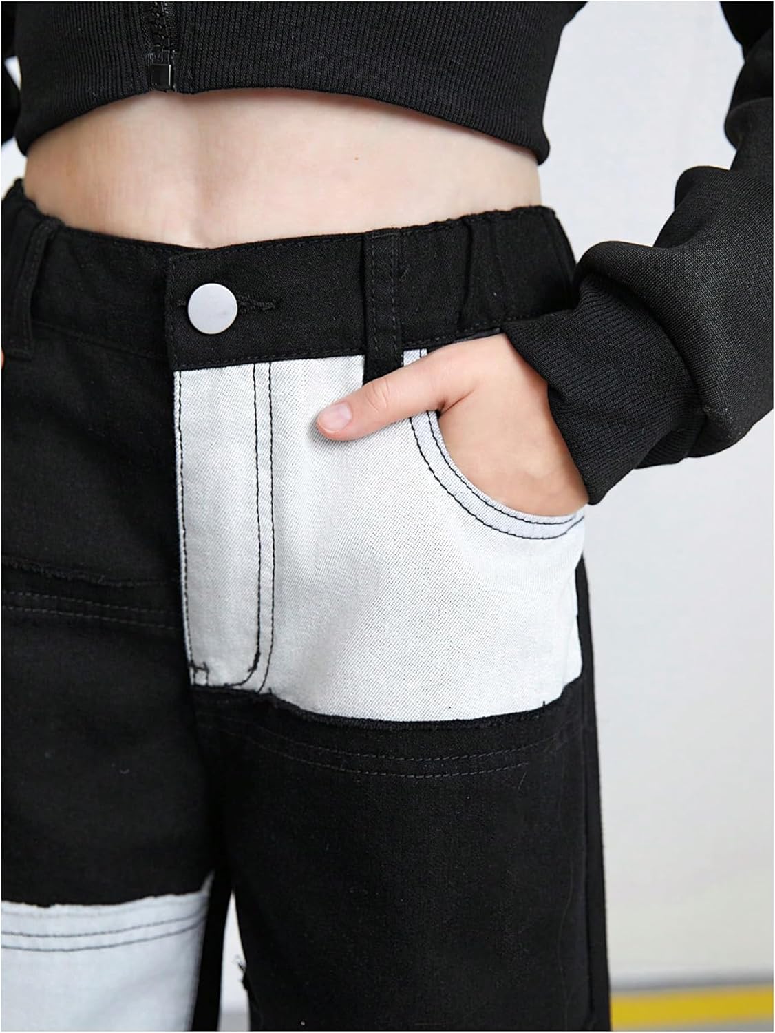 WDIRARA Girl's Color Block Wide Leg Jeans Raw Trim Baggy Denim Pants High Waisted Trousers - Image 5