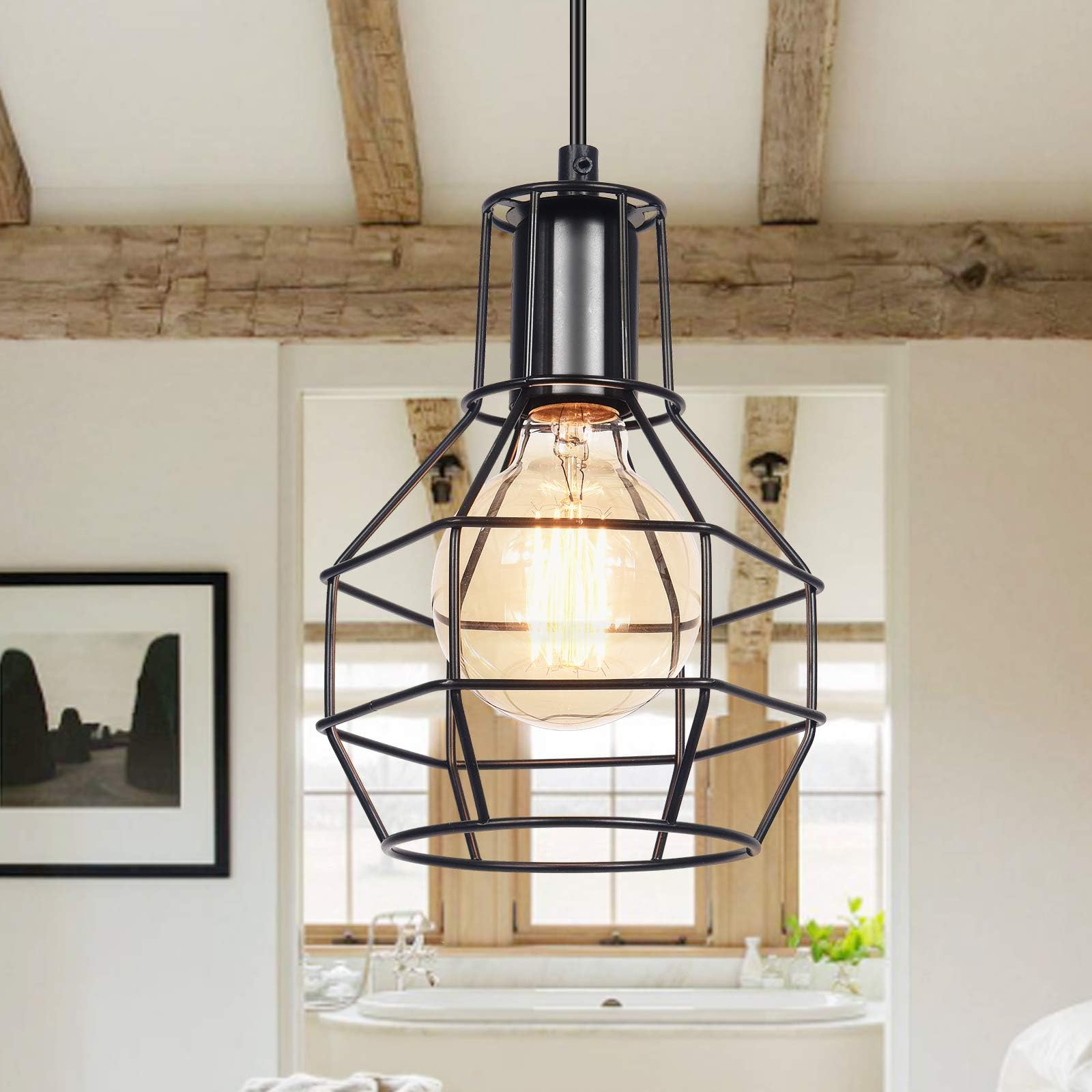 Cage Pendant Light, Vintage Industrial Ceiling Lamp Rustic Hanging Wire Cage Guard Light Fixture for Studio Dinning Room Kitchen Island Black