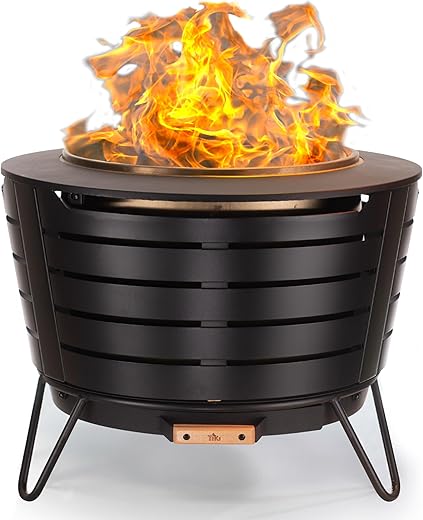 TIKI 25-Inch Smokeless Patio Fire Pit, Wood Burning with Removable Ash Pan & Weather-Resistant Cover, Modern Black Design – Ideal Outdoor Smokeless Fire Pit for Backyard & Patio