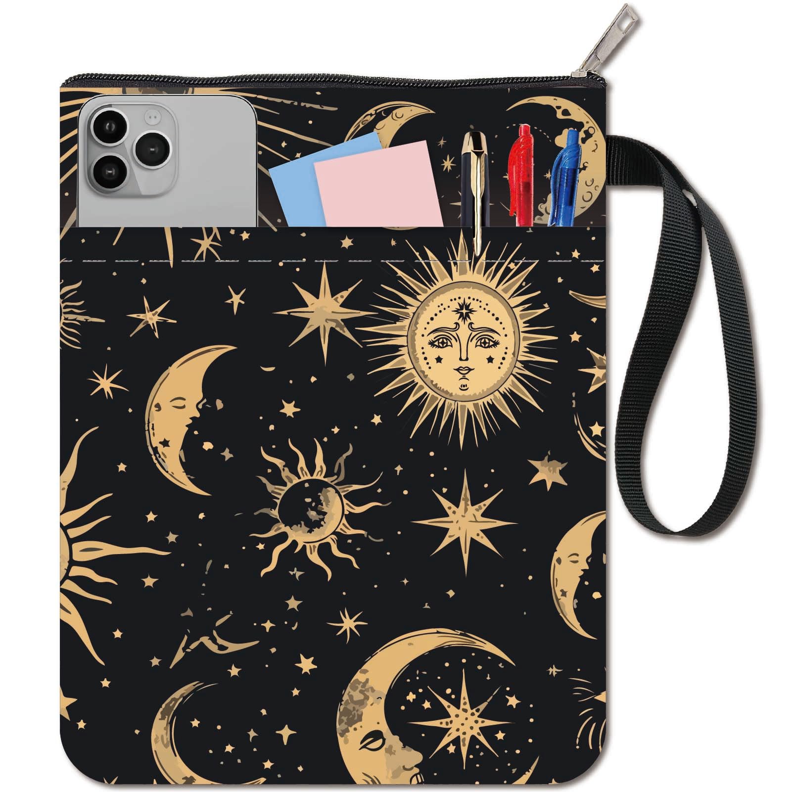 CRASPIRE Star Book Covers Sun Black Book Protector for Paperbacks Moon Book Sleeve Washable Fabric Cloth Book Cover with Zipper and Extra Sleeve Pocket for Book Lovers Classmate Gifts