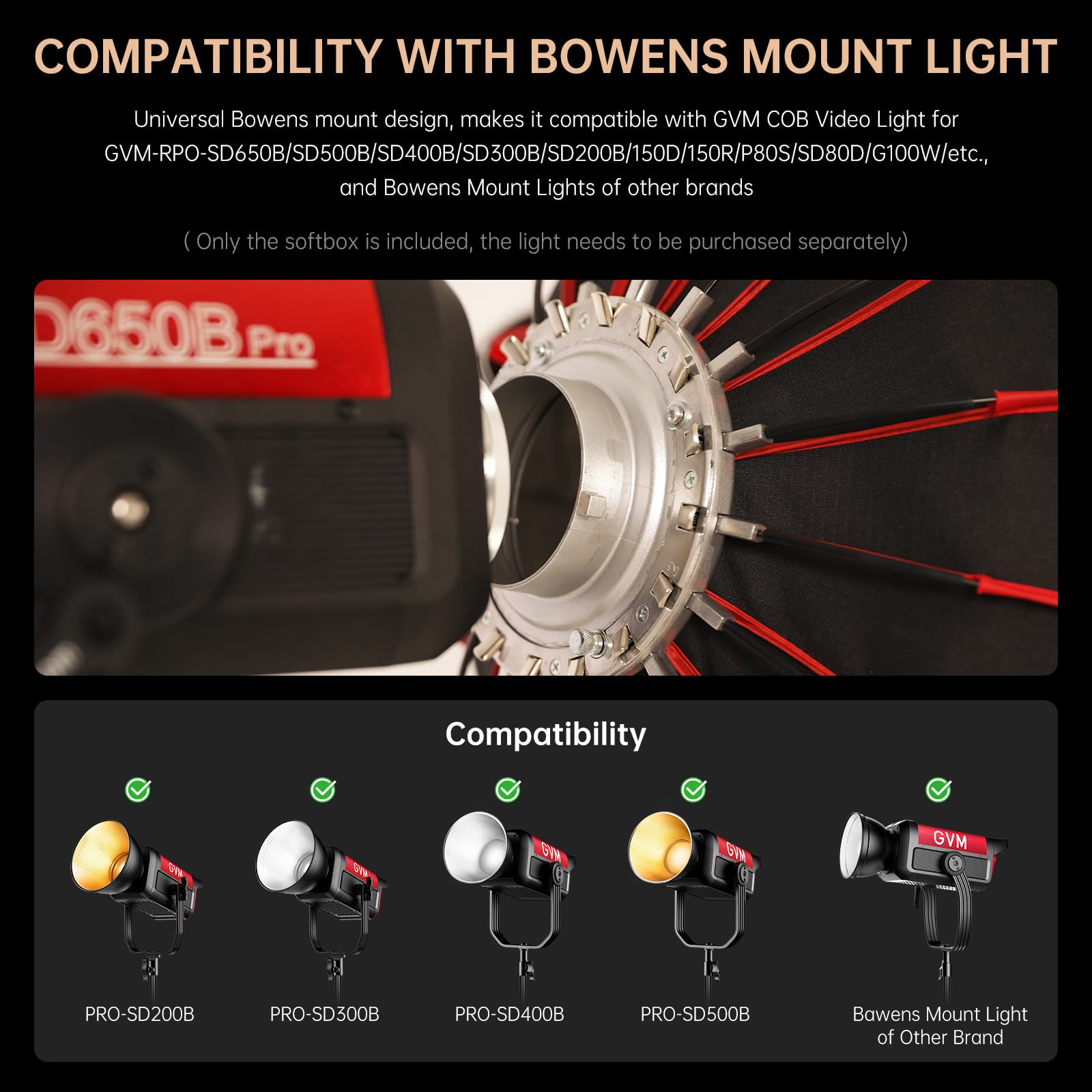 GVM Boîtes à Lumière éclairage Monture Bowens, Boîte à Lumière à dégagement Rapide Compatible avec PRO-SD200B/SD300B/SD400B/SD500B/SD650B/ et Autres éclairages à Monture Bowens Photographie en Studio
