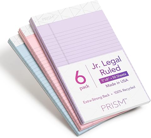 Tops Prism Plus% 100 geri dönüştürülmüş Legal Pad, 12,7 x 20,3 cm, delikli, farklı renklerde: pembe, orkide, mavi, dar, Rule, 50 yaprak Pro blok, 6 PADS Pro Pack (63016) Junior Legal (5" X 8")