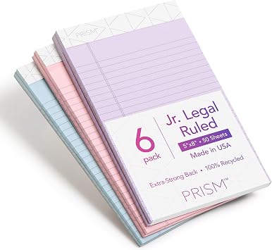 TOPS 5 x 8 Legal Pads, 6 Pack, Prism Brand, 2 Pink/2 Blue/2 Purple, Narrow Ruled, 50 Sheets Per Writing Pad, Made in USA 63016