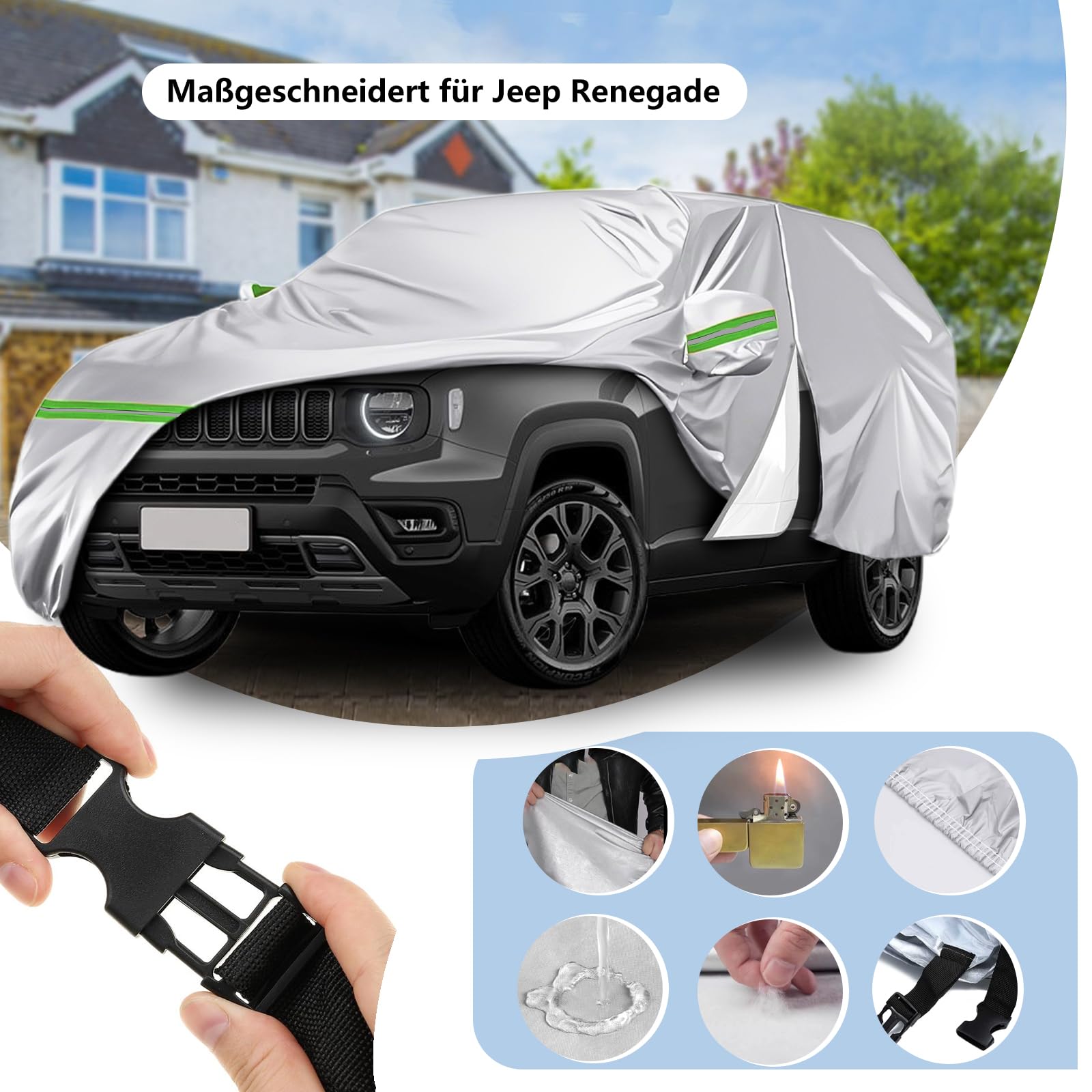 Autoabdeckung für Jeep Renegade(2014-2024), DuPont Oxford Vollgarage für Jeep Renegade, Mit Windschutzbändern, Reißverschlusstür, Auto Abdeckung für Jeep Renegade, Schutz, Schnee, Sonnenstrahlen,Staub