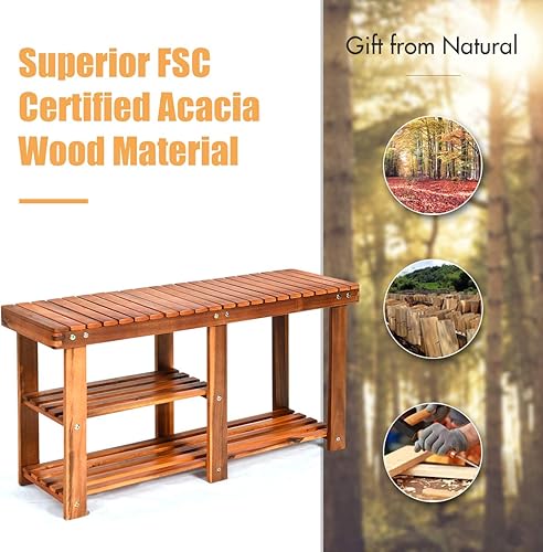 Miniatura 8 de KOTEK Zapatero de 3 niveles, banco de almacenamiento de madera de acacia premium, organizador de zapatos multifuncional con almacenamiento de botas,