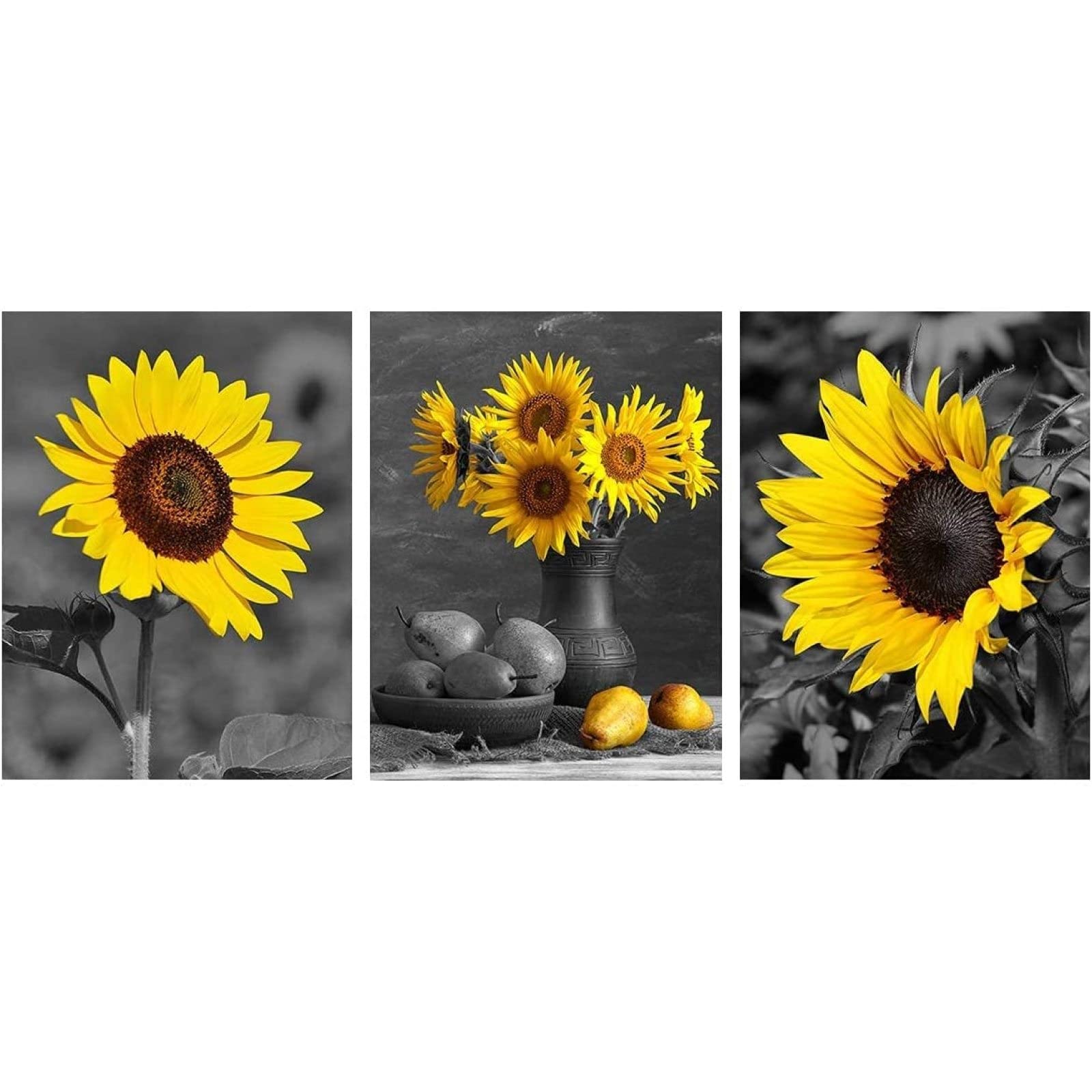 GSHRED Black White Sunflower Wall Decor Yellow Floral Poster Flowers Canvas Painting Home Decoration Living Room Picture Print Artwork Frameless 50×70cm×3pcs