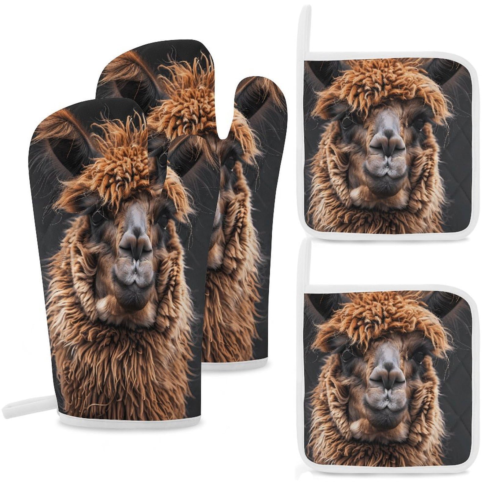 Alpaca Llama Oven Mitts and Pot Holders Sets Heat Resistant Oven Glove with Hanging Loop for Baking Cooking BBQ Thicken Potholders for Kitchen