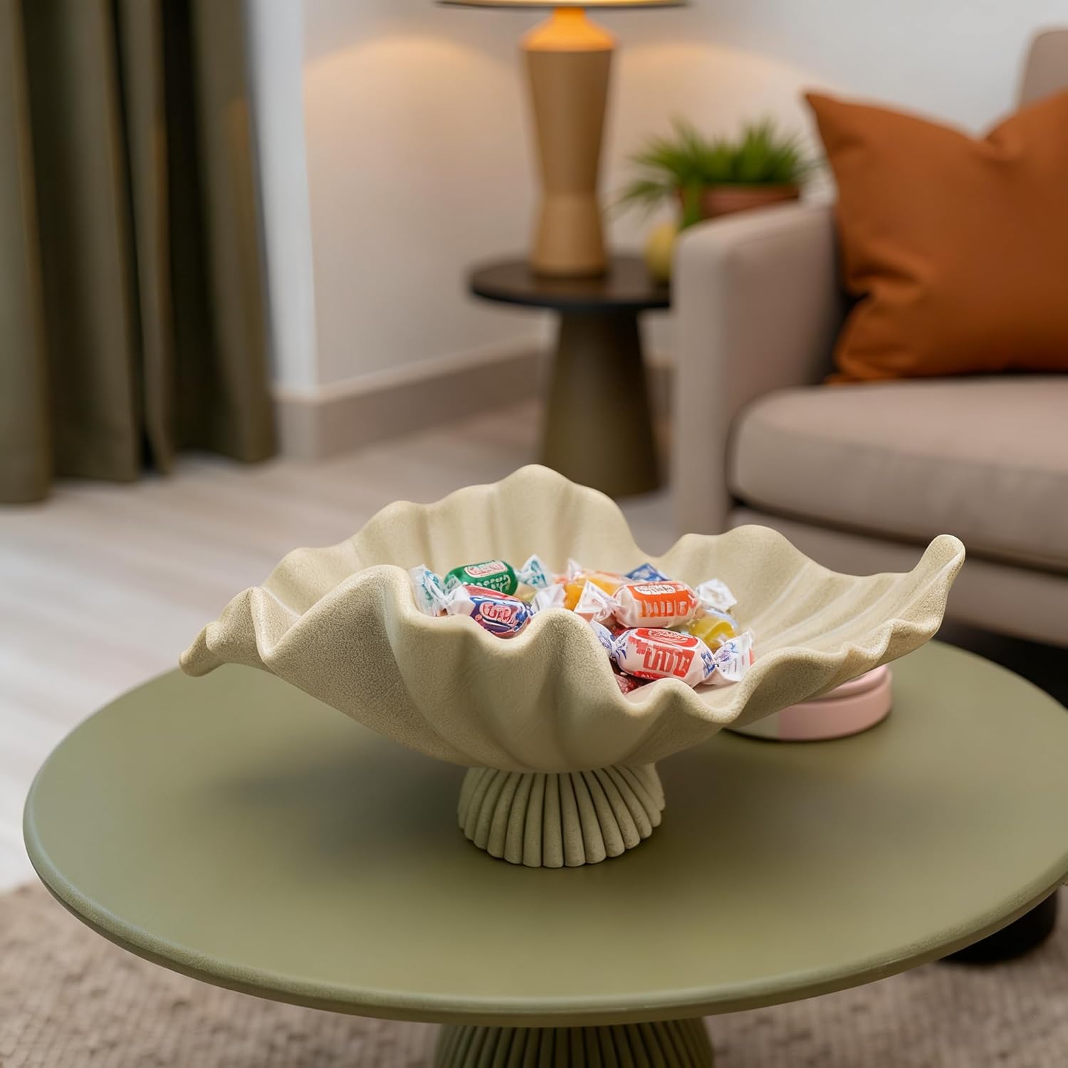 16" Large Decorative Bowl decor, Modern Home Decor,Stylish Key Bowl for Entry Table,Scalloped Decorative Bowls (Beige-With base, 16.14inch)