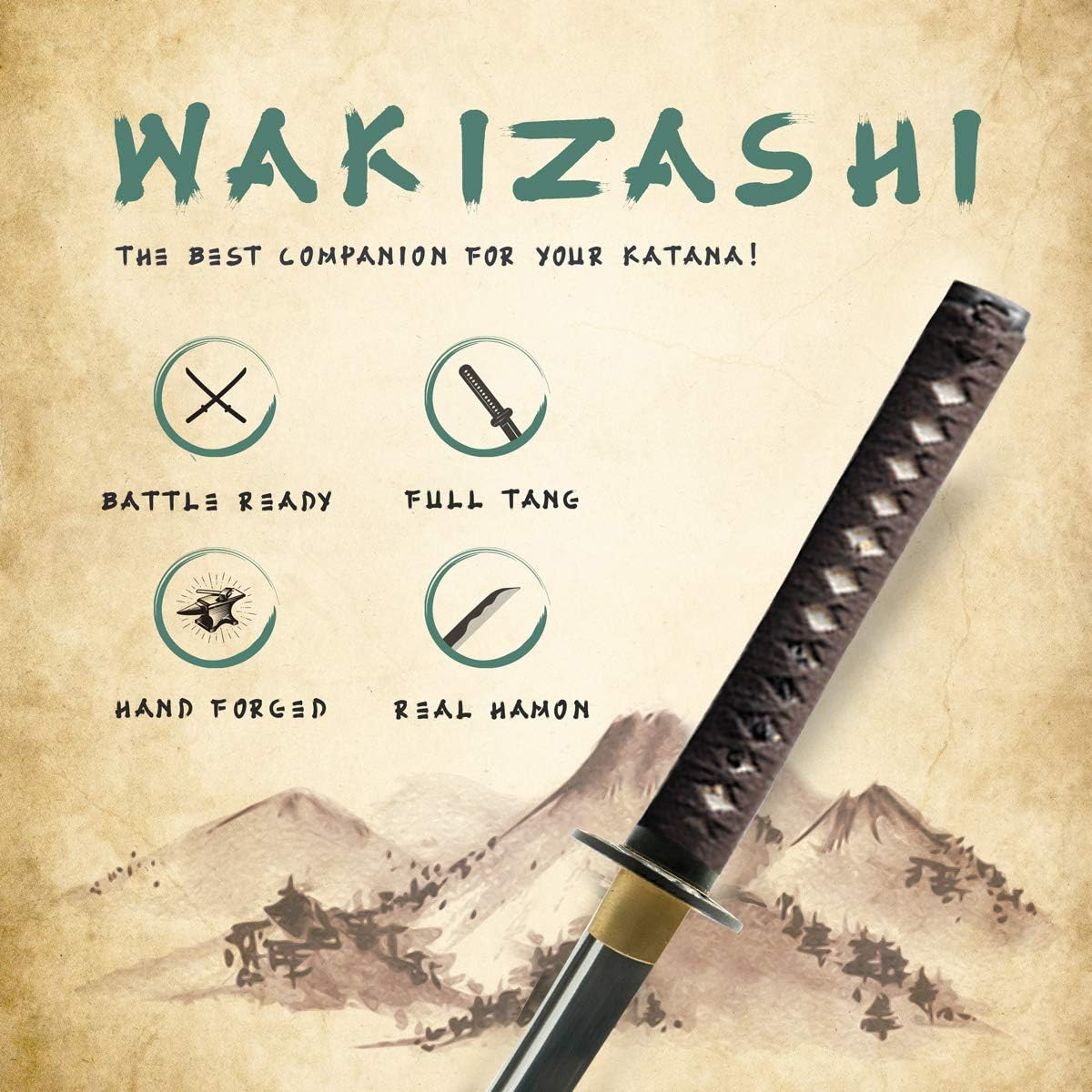 HMS Japanese Samurai Wakizashi Sword, Butterfly Tsuba, 1045 Carbon Steel, Hand Forged Heat Tempered, Full Tang, Sharp