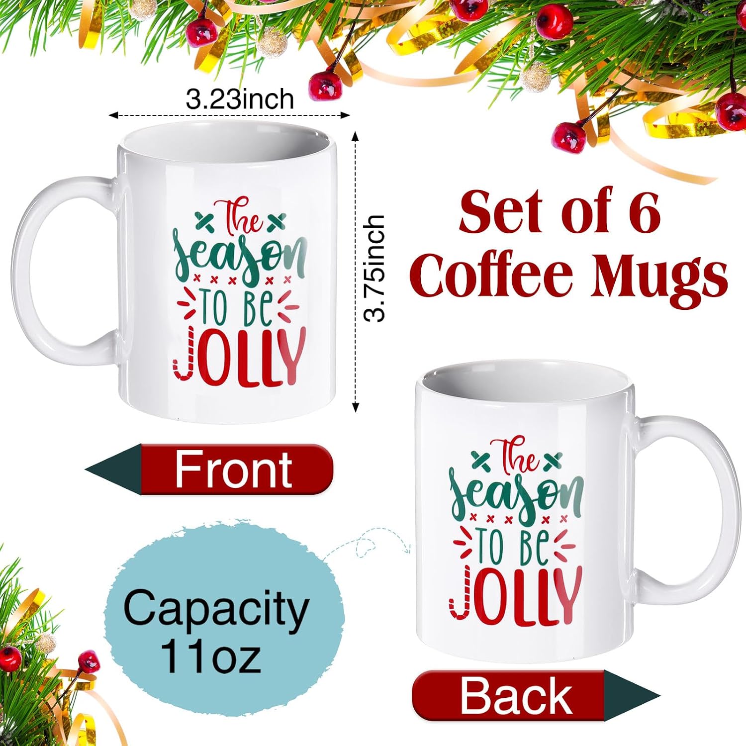 6 Packs Christmas Mugs Gift with Clear Cellophane Bags Christmas Tag, 12 oz Ceramic Coffee Mug Holiday Hot Cocoa Cup for Guest Family Kids Friend Farmhouse Tiered Tray Decor Bar (Elegant)