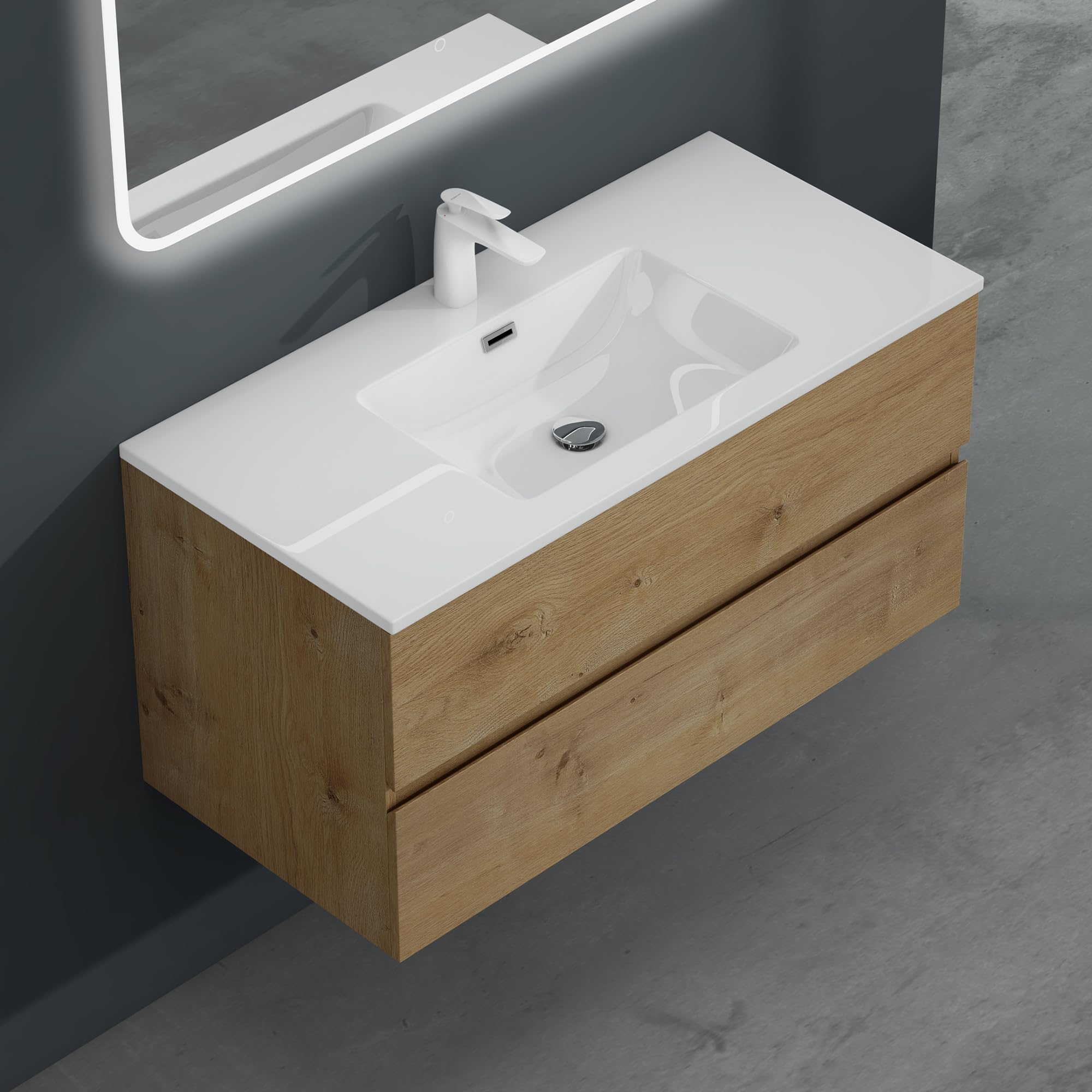 Mai & Mai Meuble sous Lavabo Marron Clair Ensemble de Meubles de Salle de Bains 80x48x50cm Meuble Suspendu avec 2 Tiroirs Desgin AQU
