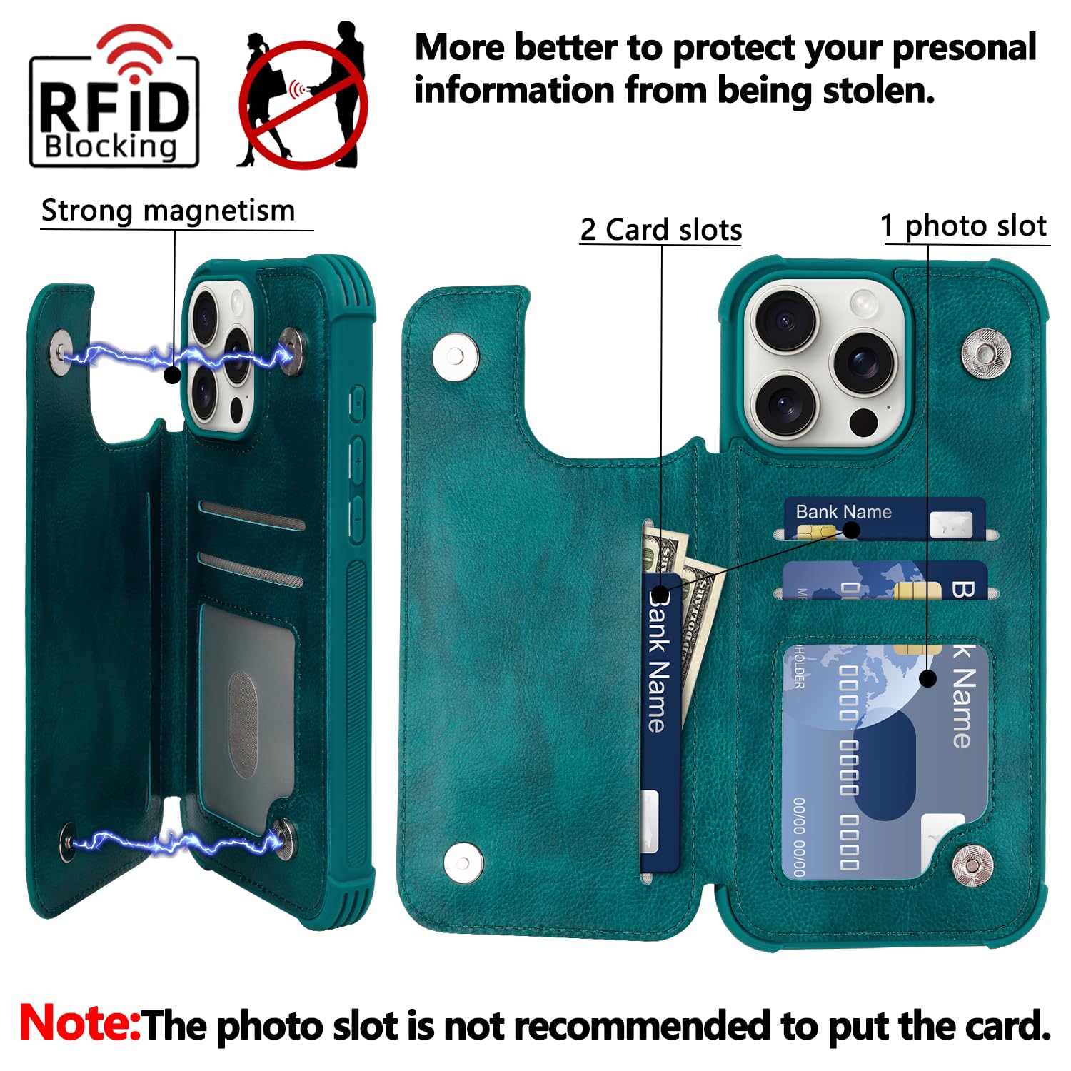 VANAVAGY Compatible for iPhone 16 Pro Max Wallet Casewith Credit Card Holder,Rfid Leather Flip Folio Cover Fit Magnetic Car Mount & Stand with Screen Camera Protector,Midnight Green - Image 3