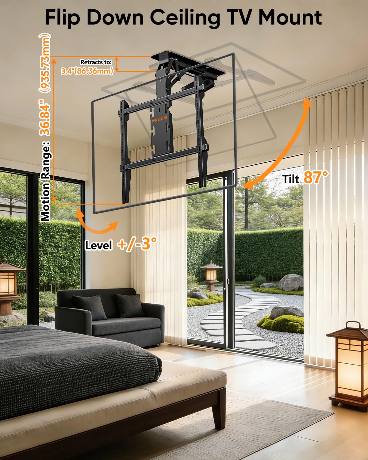TV Deckenhalterung Elektrisch für 37-86 Zoll Fernseher bis 50kg, Motorisierte Klapphalterung TV Halterung Decke mit Fernbedienung für Flache & Geneigte Decken, max. VESA 600x600mm