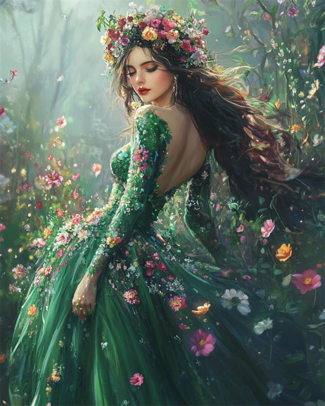 AMBATTERY DIY Bead Embroidery Kits Watercolor Girl and Flowers Needlepoint Handcraft Kit DIY Beaded Painting 3D Tapestry Bead Cross Stitch Set 40x50cm