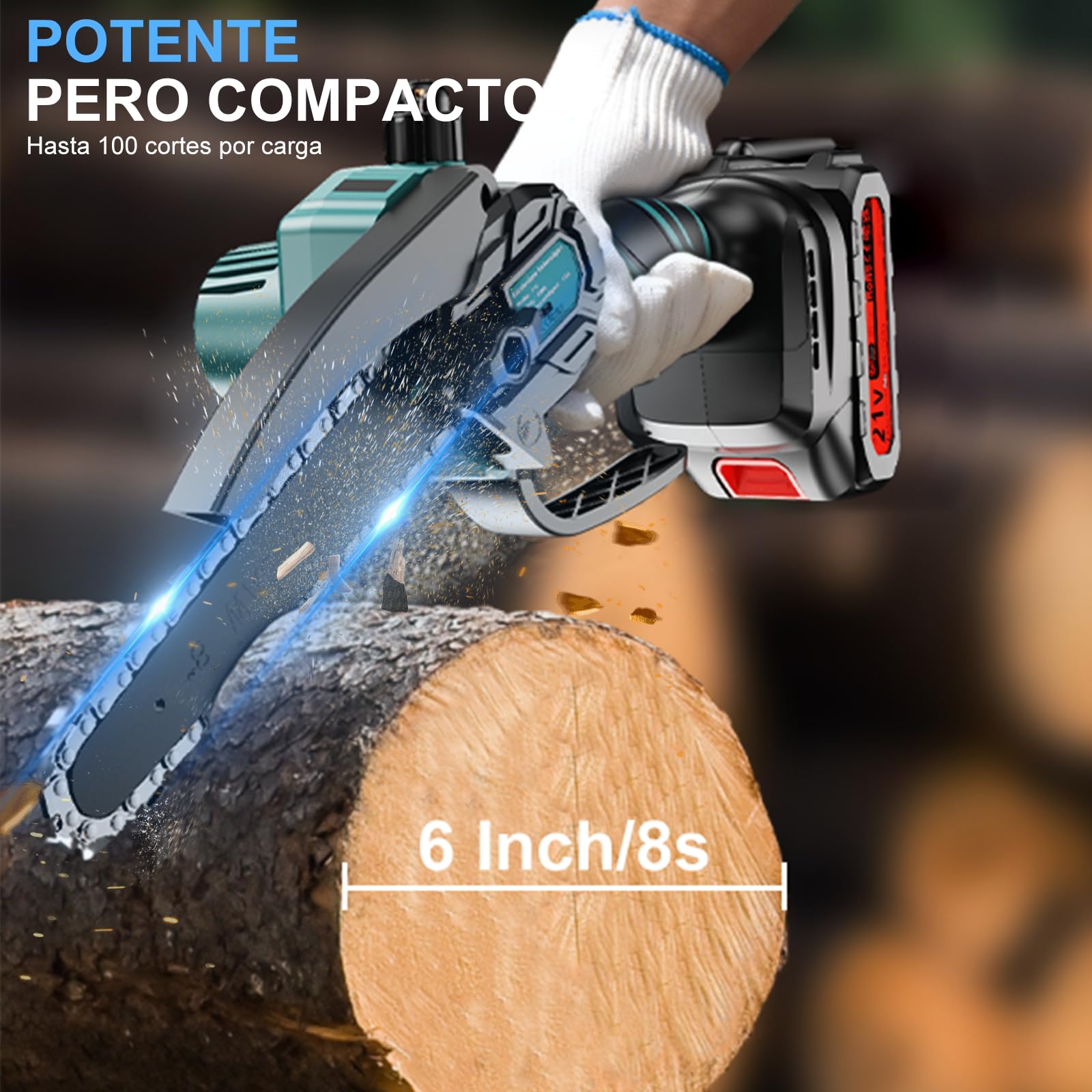 Minisierra de cadena con batería 2×2000mAh, sierra de cadena eléctrica de 6 pulgadas mini con engrase automático y 2 catene, sierra de cadena de batería para tijeras de jardín | 2 cadenas, 550 W, indicador de estado de carga