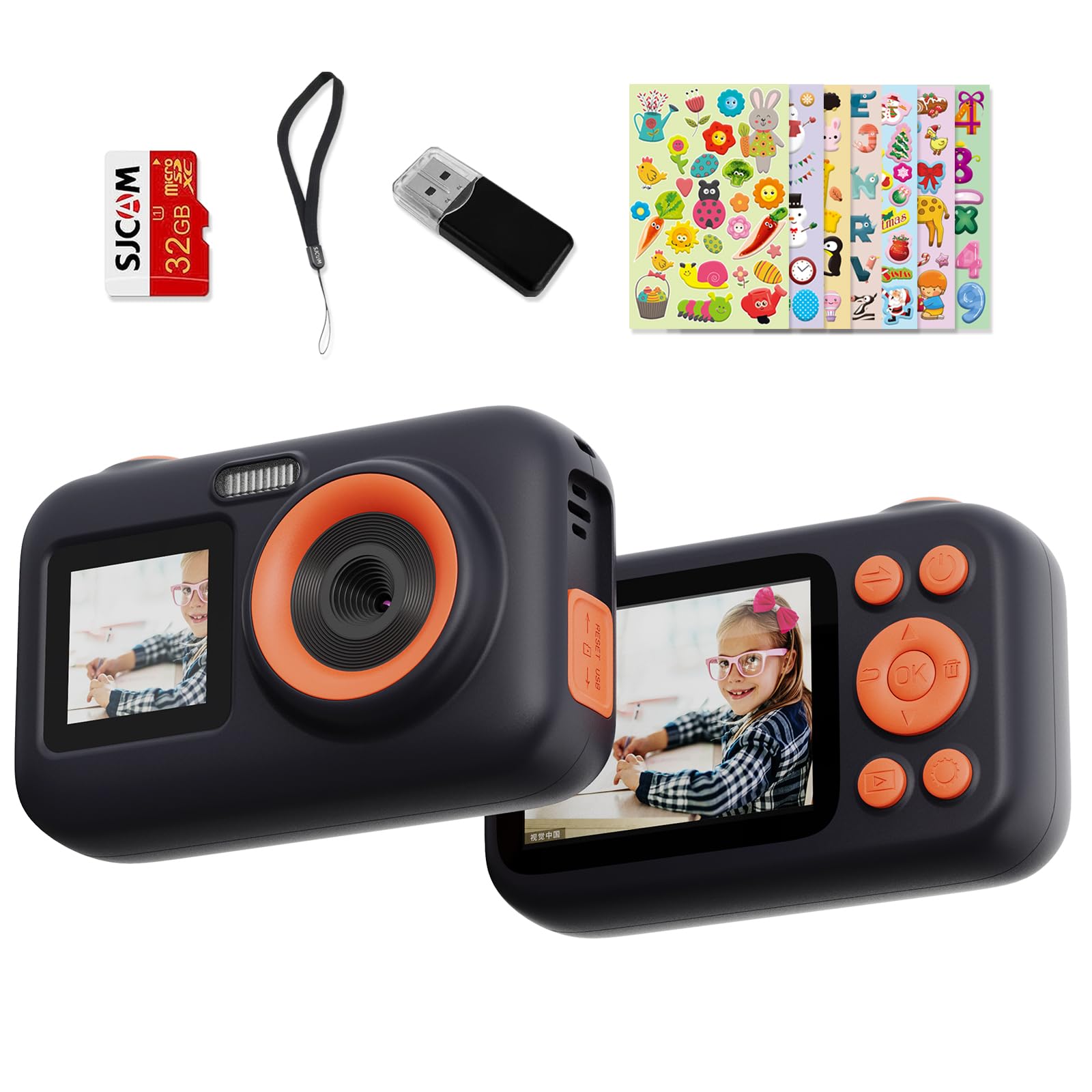 SJCAM macchina fotografica bambini,1080P 2.4'' 1.3'' doppio colore schermo LED Bambini fotocamera digitale Vedio Compleanno Regali di vacanza con 32G Card, adesivo per età 3-10 anni ragazze ragazzi