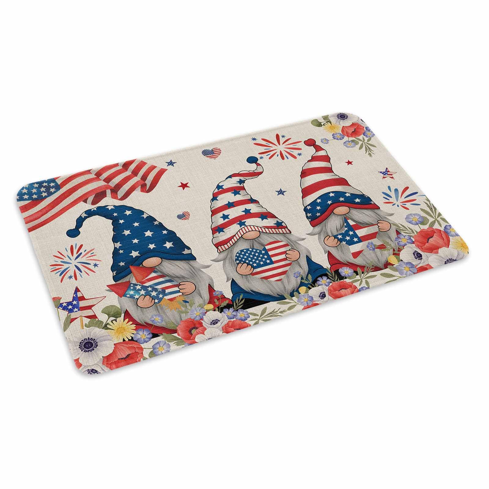 4th of July Door Mat Patriotic Gnome Doormat American Flag Independence Day Welcome Mat Non Slip Rubber Entryway Front Rug Poppy Floral Floor Mat for
