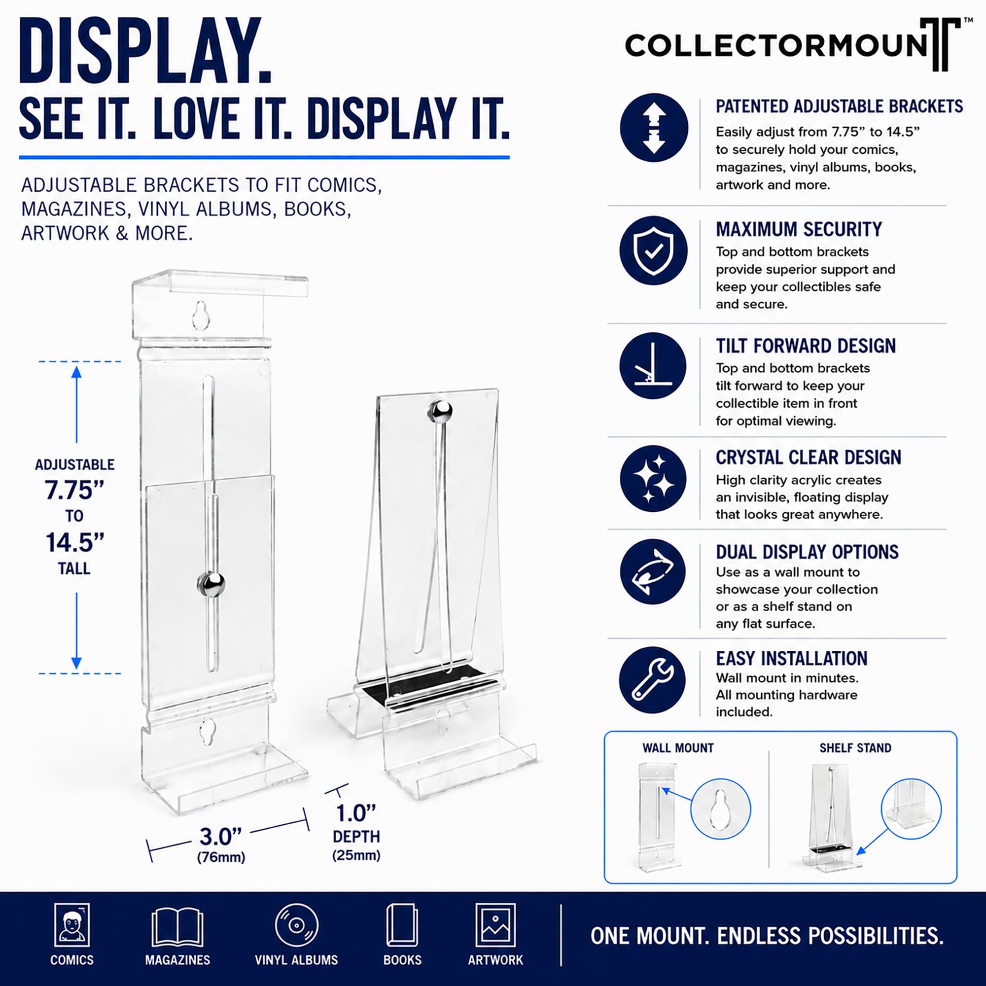 CollectorMount Comico Libro Montare Scaffale e Supporto a Parete, Invisibile e Regolabile, Set di 5