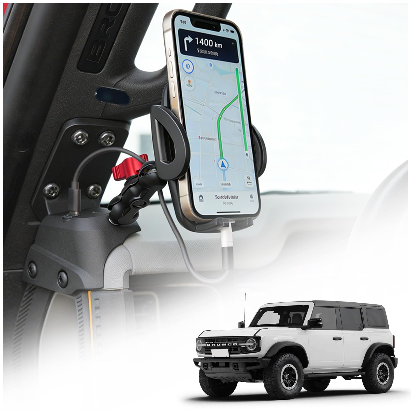 Aigmux Phone Holder with Charging C Port for Ford Bronco 2021 2022 2023 2024 2025, Adjustable Angle 360° Phone Holder for Bronco Accessories (with Charging Stand)