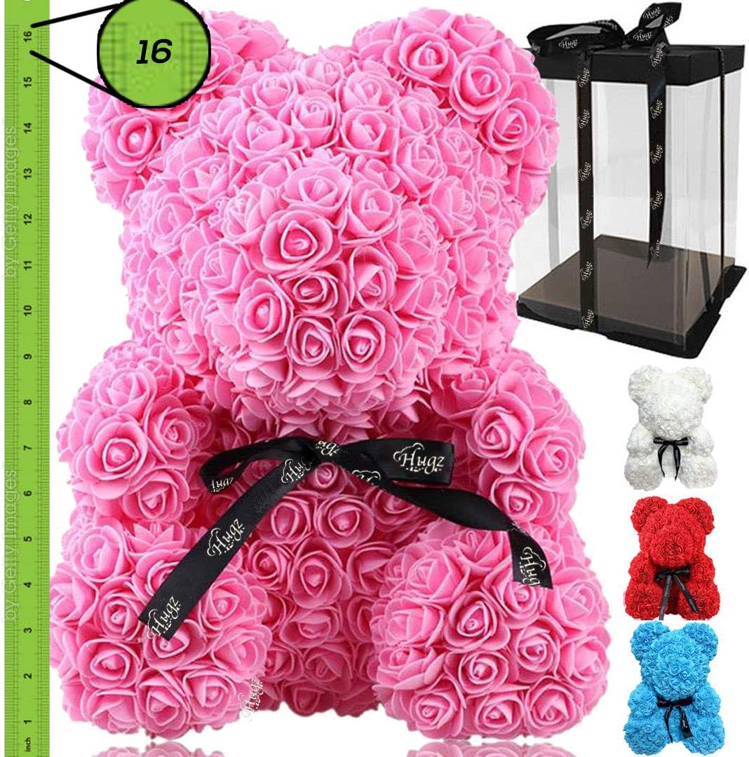 Rose Flower Bear - Large 16 inch Fully Assembled Hugz Teddy Bear - Over 200 Artificial Flowers - Gift for Mothers Day, Valentines Day, Anniversary & Bridal Showers - w/Clear Gift Box (Pink, Large)
