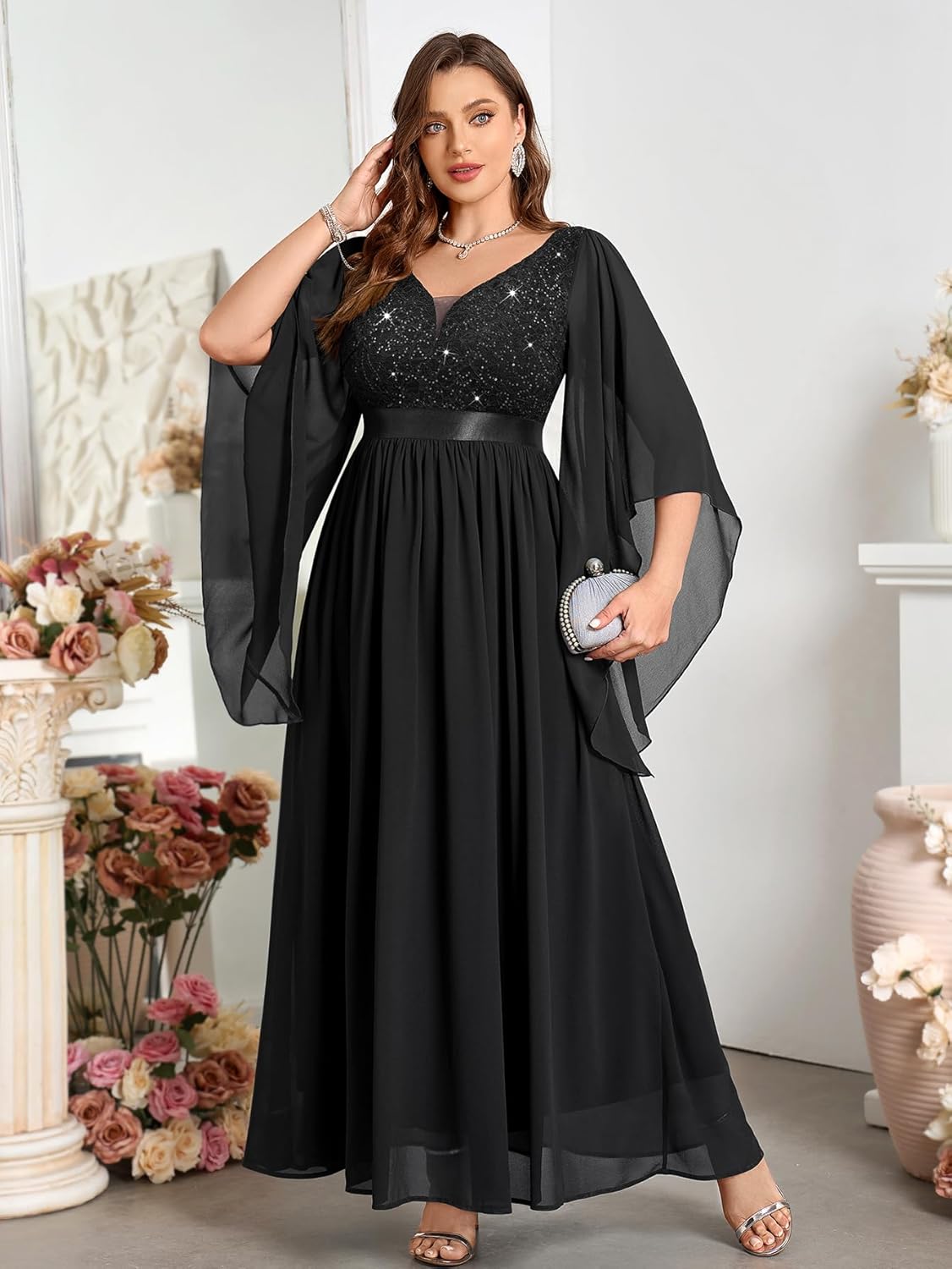 MISSMAY Women's Plus Size Sequins Lace with Cape Cloak Sleeves V Neck Formal Evening Gowns Wedding Maxi Dress