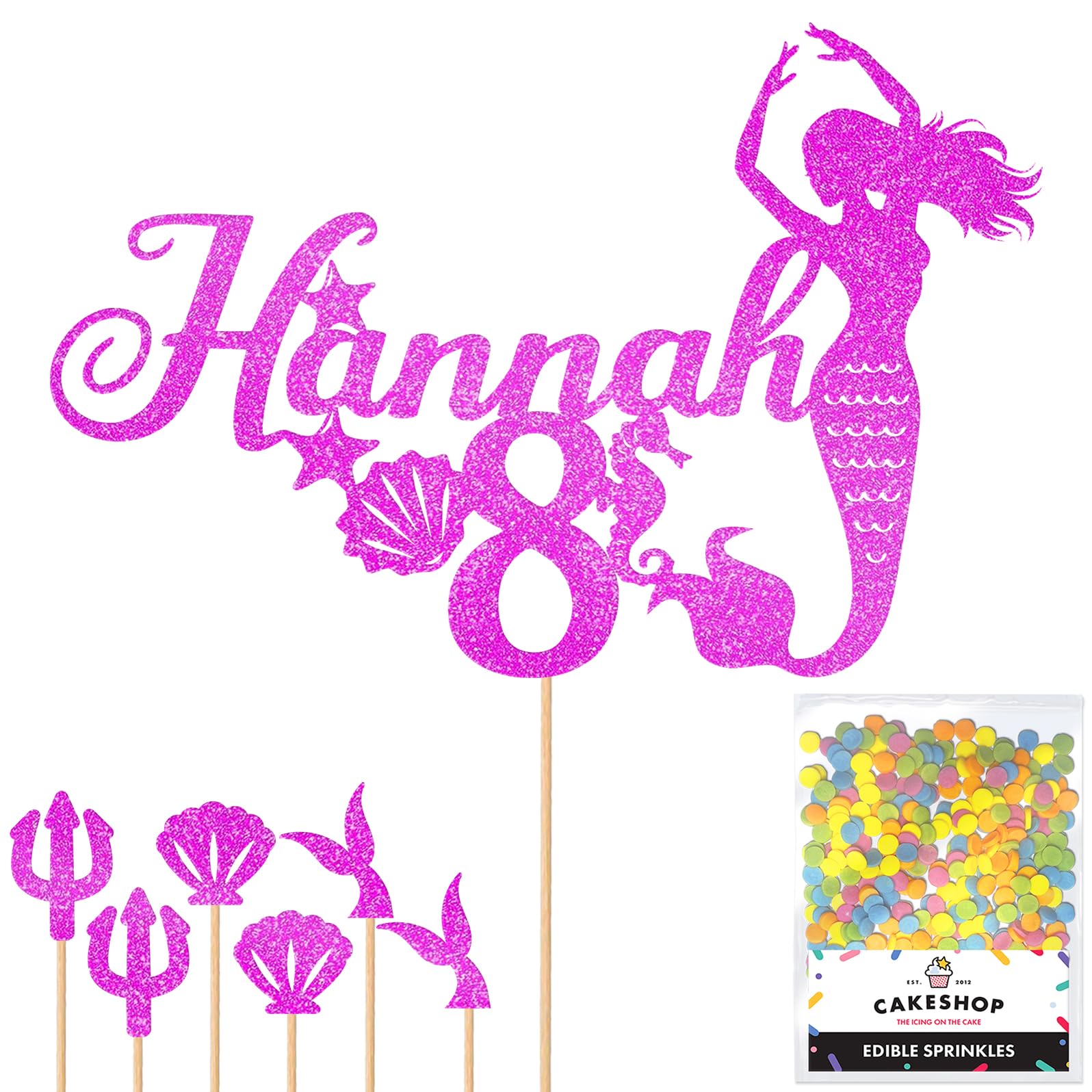 Personalised Birthday Mermaid Glitter Cake Topper- Pink Any Custom Age & Name Glitter Cake Decoration and Sprinkles - Happy Birthday Decorations - Personalised Toppers for Cakes by Cakeshop
