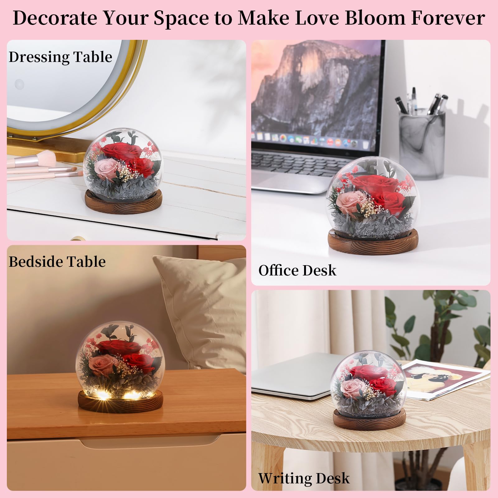 Emibele Mother's Day Eternal Rose Gifts for Mom, Preserved Real Rose in Glass Dome with LED Light for Decoration, Flowers for Delivery Prime, Gifts for Women Wife Her on Birthday Anniversary, Red