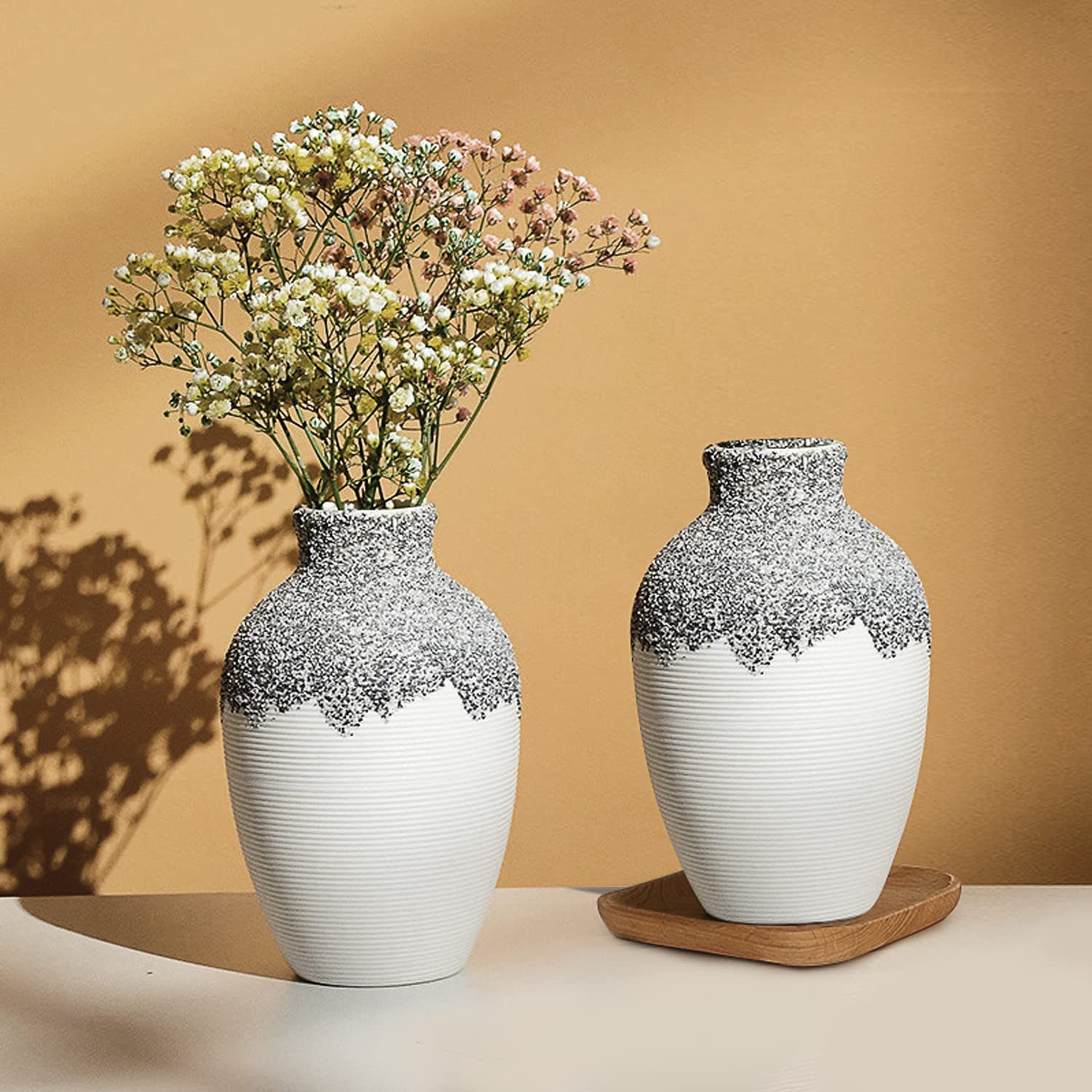 LIZOFER Modern 5.9'' Ceramic Flower Vase Set of 2 for Living Room Bedroom White Vases for Home Decor Office Side Table Fireplace Minimalist Unique Farmhouse Vintage Rustic Gift for Fake Plants
