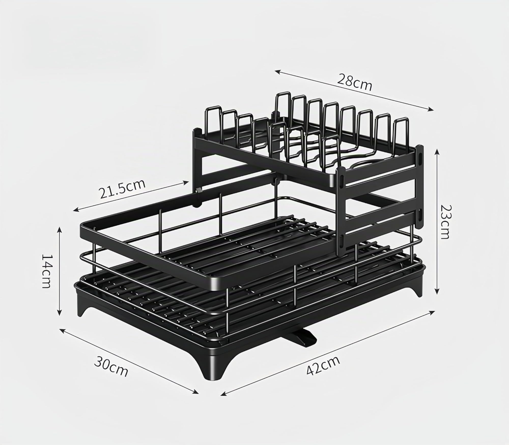 Égouttoir à vaisselle à 2 niveaux, égouttoir à vaisselle avec planche d'égouttement, support d'évier de cuisine en acier inoxydable avec ustensiles et planche à découper, noir