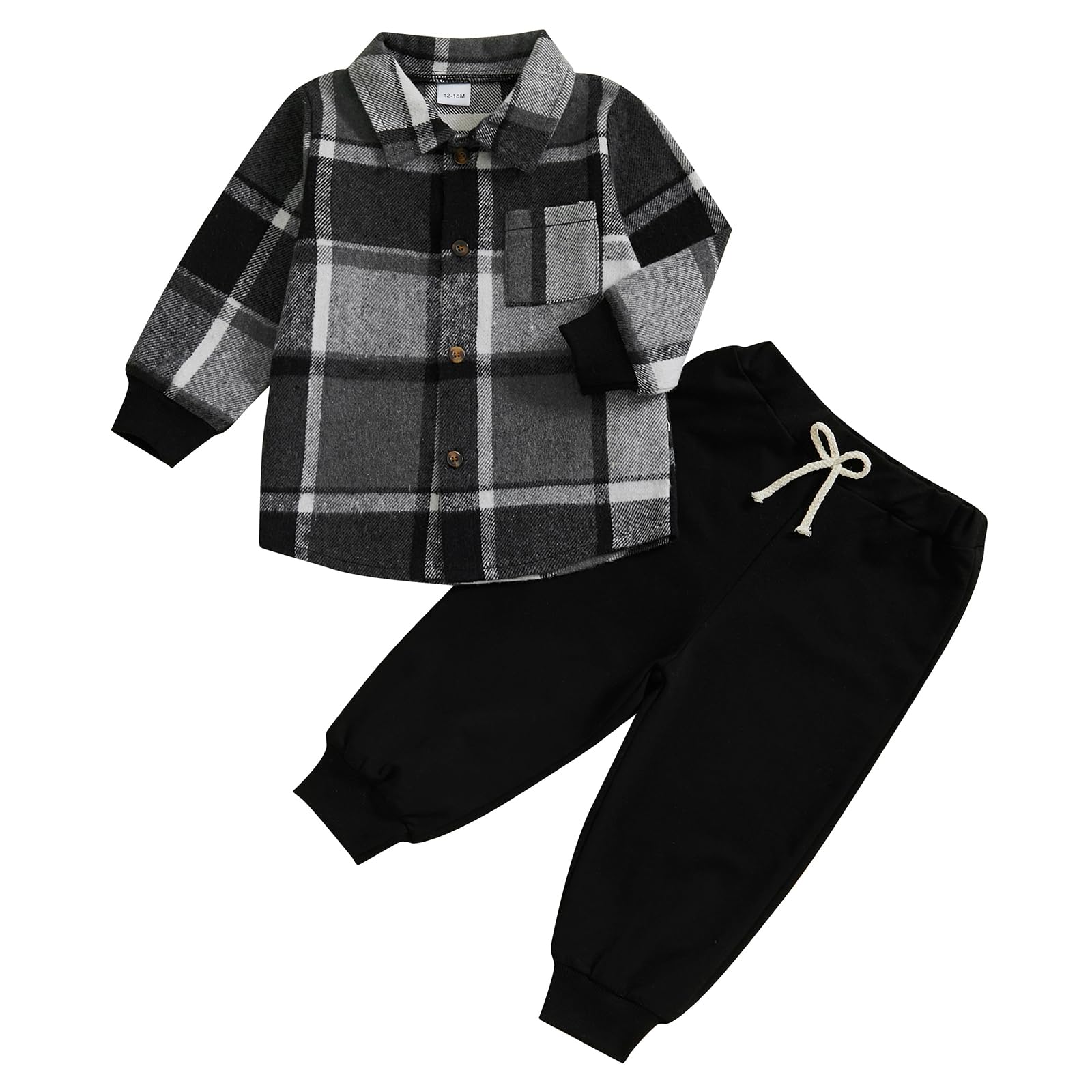 Kid Toddler Boys Fall Winter Outfit Plaid Print Long Sleeve Lapel Button Shirt Elastic Waist Long Pants 2 Pieces Clothes Set