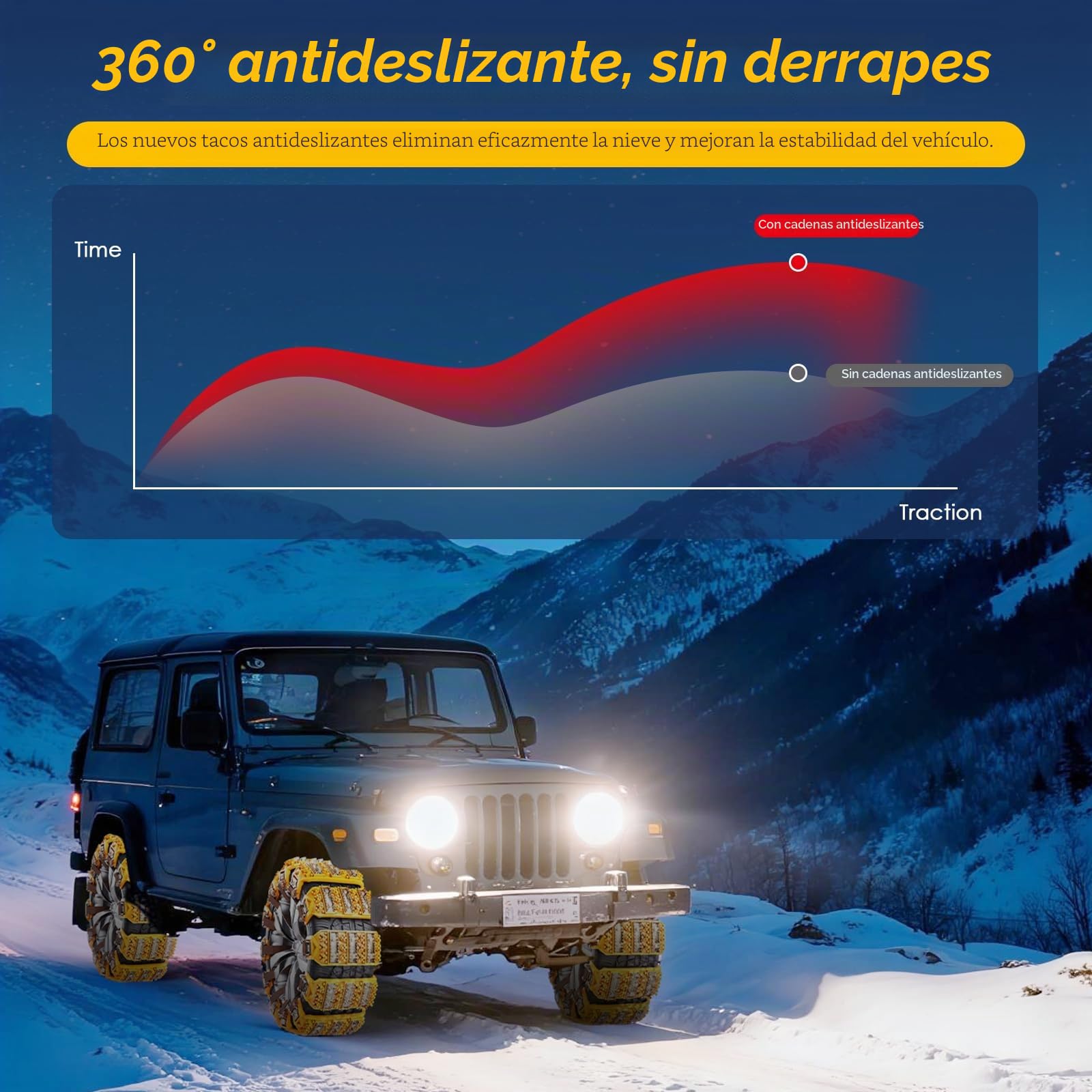 Cadenas de nieve 8 piezas antideslizantes y ajustables para neumáticos de 165-255 mm - Fácil de instalar, con púas, para coche, SUV, camión (Amarillo)