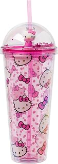 Silver Buffalo Sanrio Hello Kitty Pink Polka Dots and Bows Dome Glitter Top Travel Tumbler, 24 Ounces