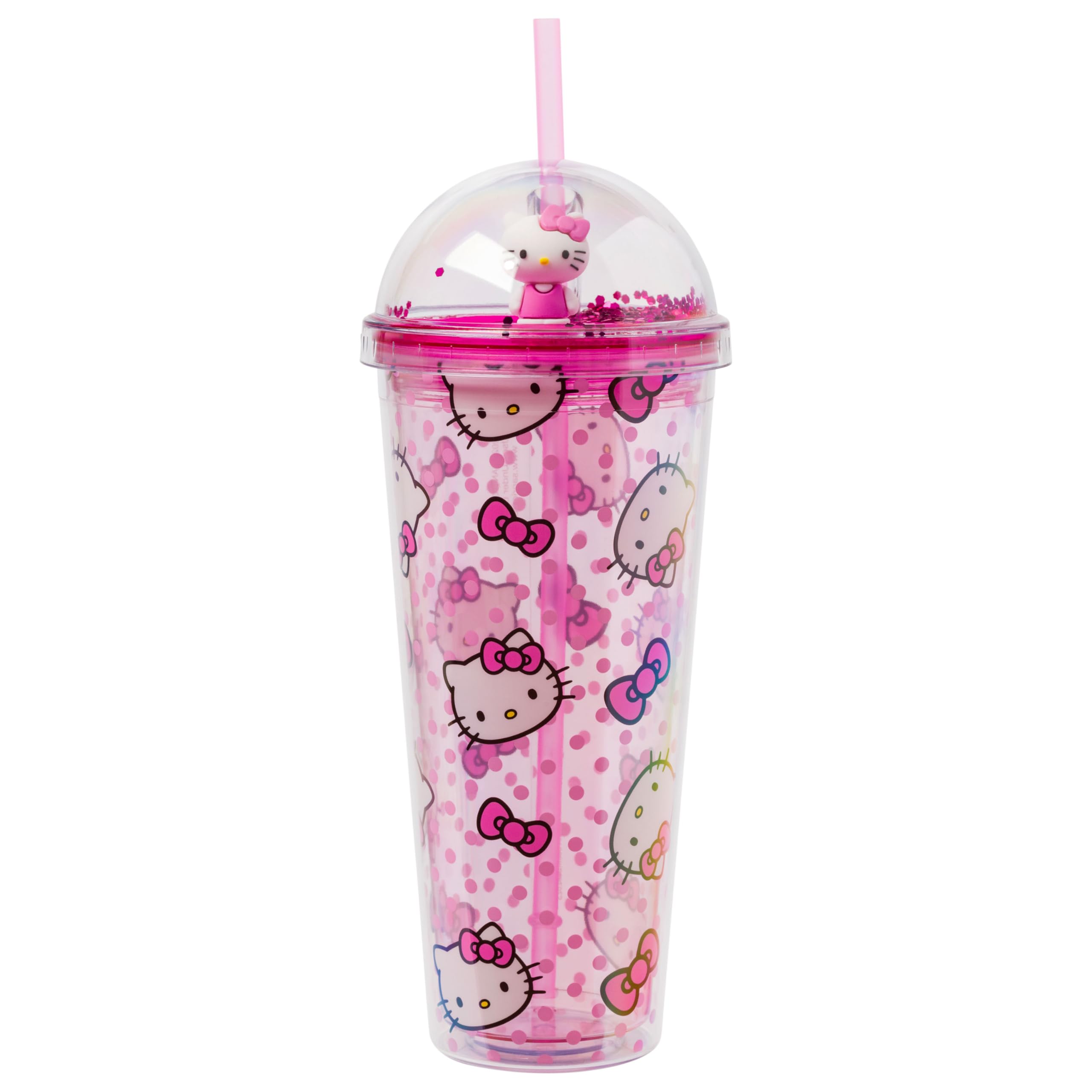 Silver Buffalo Sanrio Hello Kitty Pink Polka Dots and Bows Dome Glitter Top Travel Tumbler, 24 Ounces
