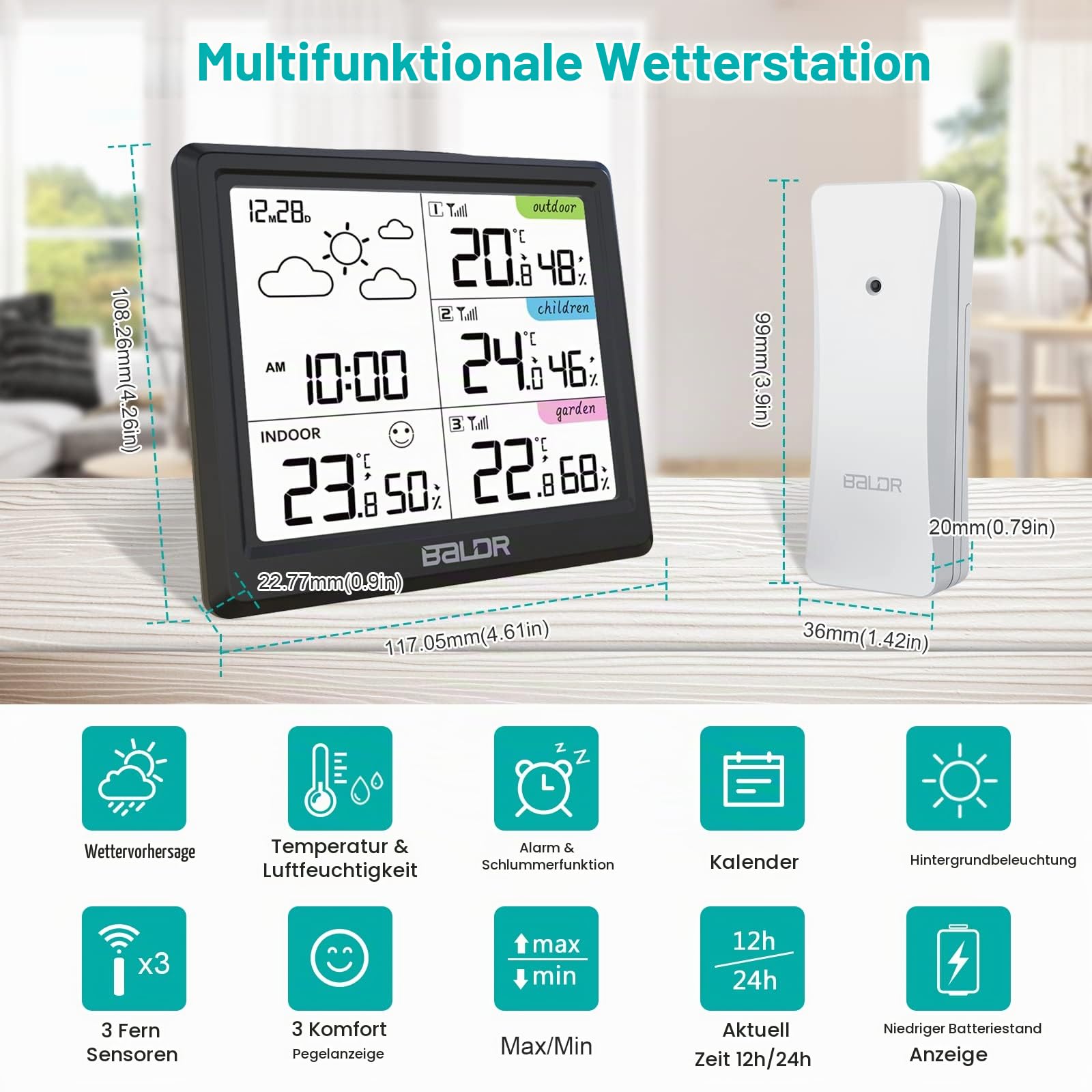 LEVIPE Wetterstation Funk mit 3 Außensensor, Digitale Funkwetterstation mit Innen Außen Temperatur- und Luftfeuchtigkeit Wettervorhersage, Wecker, Uhrzeitanzeige für Zuhaus, Garten (Schwarz)