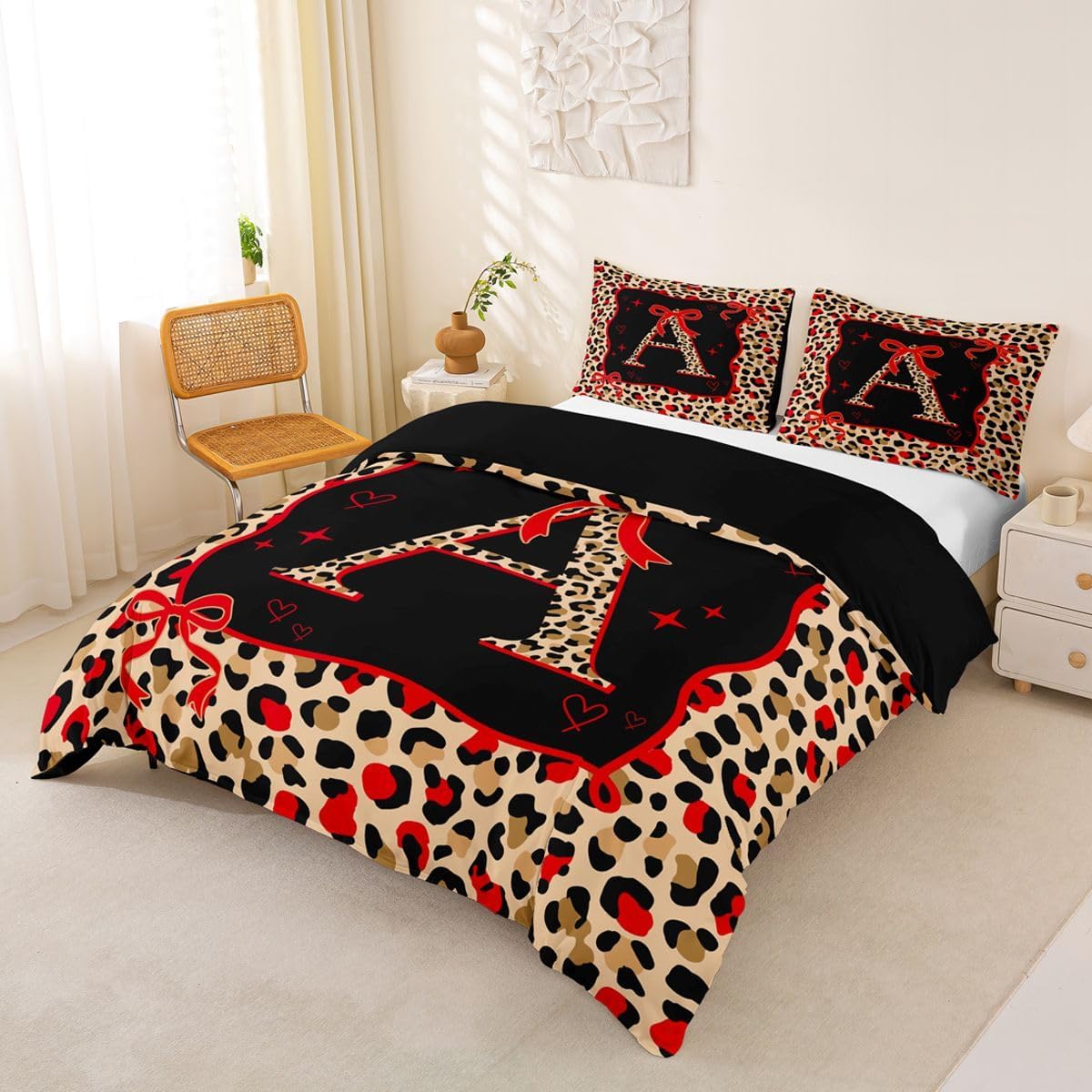 jejeloiu Red Brown Leopard Duvet Cover Toddler Size Red Bowknot Comforter Cover for Boys Girls Initial Letter A Bedding Set 2Pcs Cute Girly Bow Room Decor