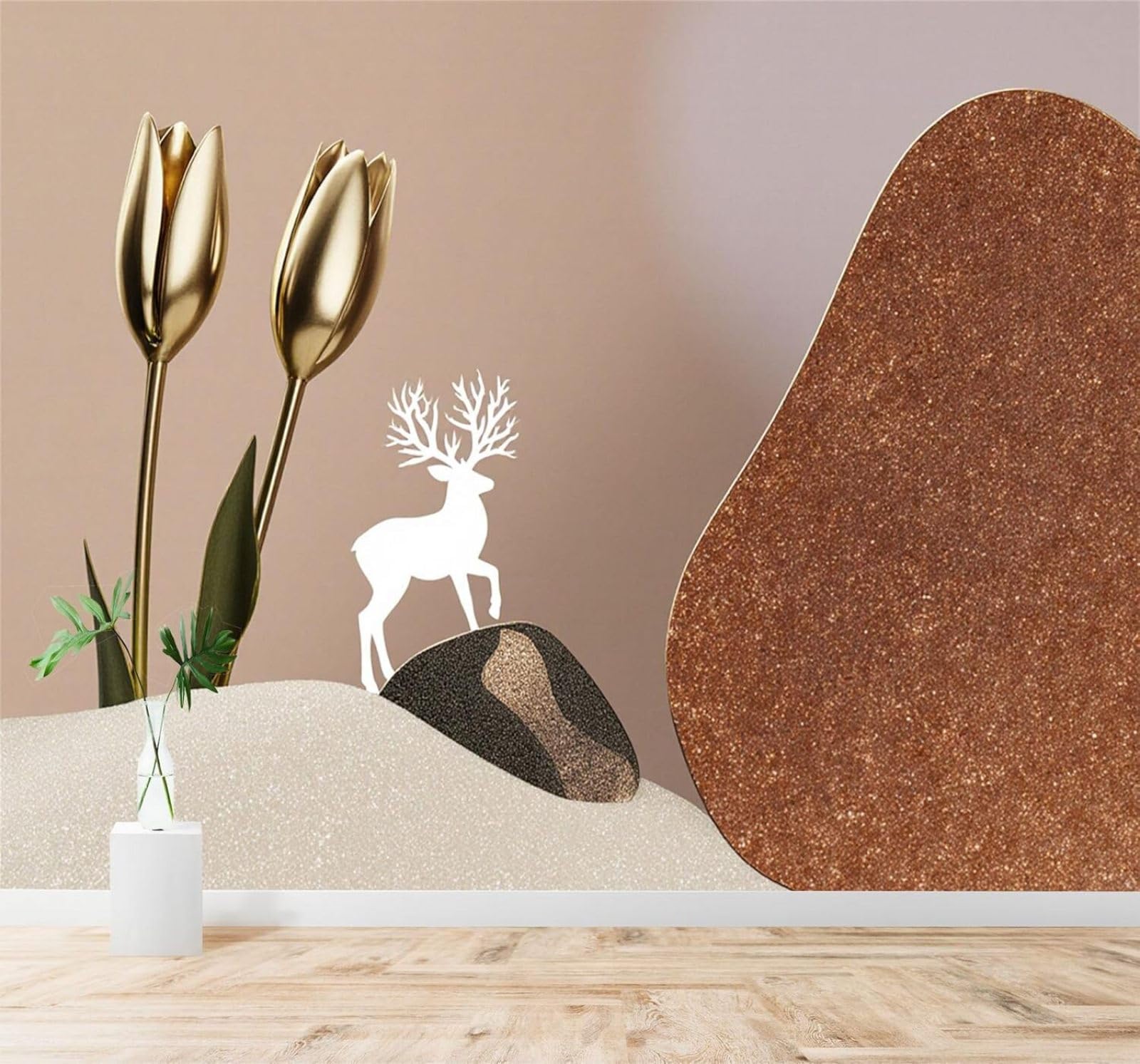 XLMING Golden Tulips White Deer Abstract Sand Rocks 3D Wallpaper Premium Textured Silk Study Dining Living Room Bedroom Sofa TV Wall Easy Install-430cm×300cm